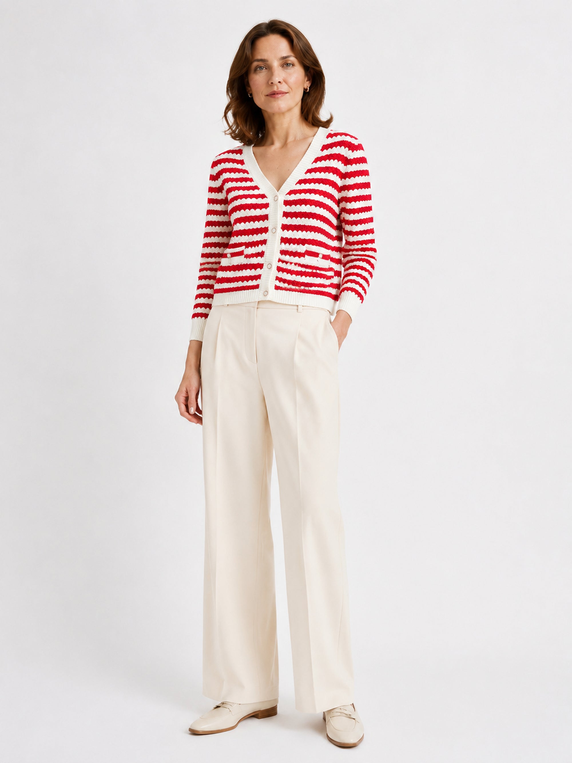 MY009 red cropped textured knit cardigan full-body model view