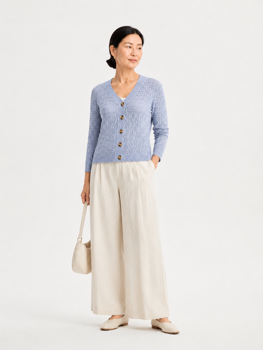 MY015 blue openwork three-quarter sleeve cardigan full-body model view