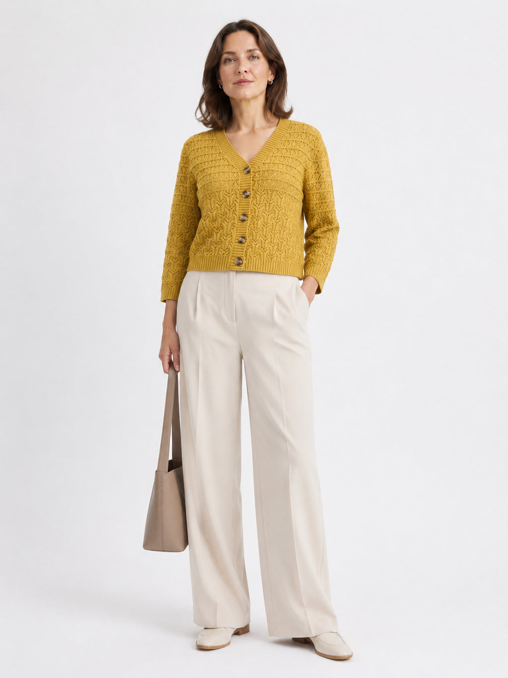 MY015 yellow openwork three-quarter sleeve cardigan full-body model view