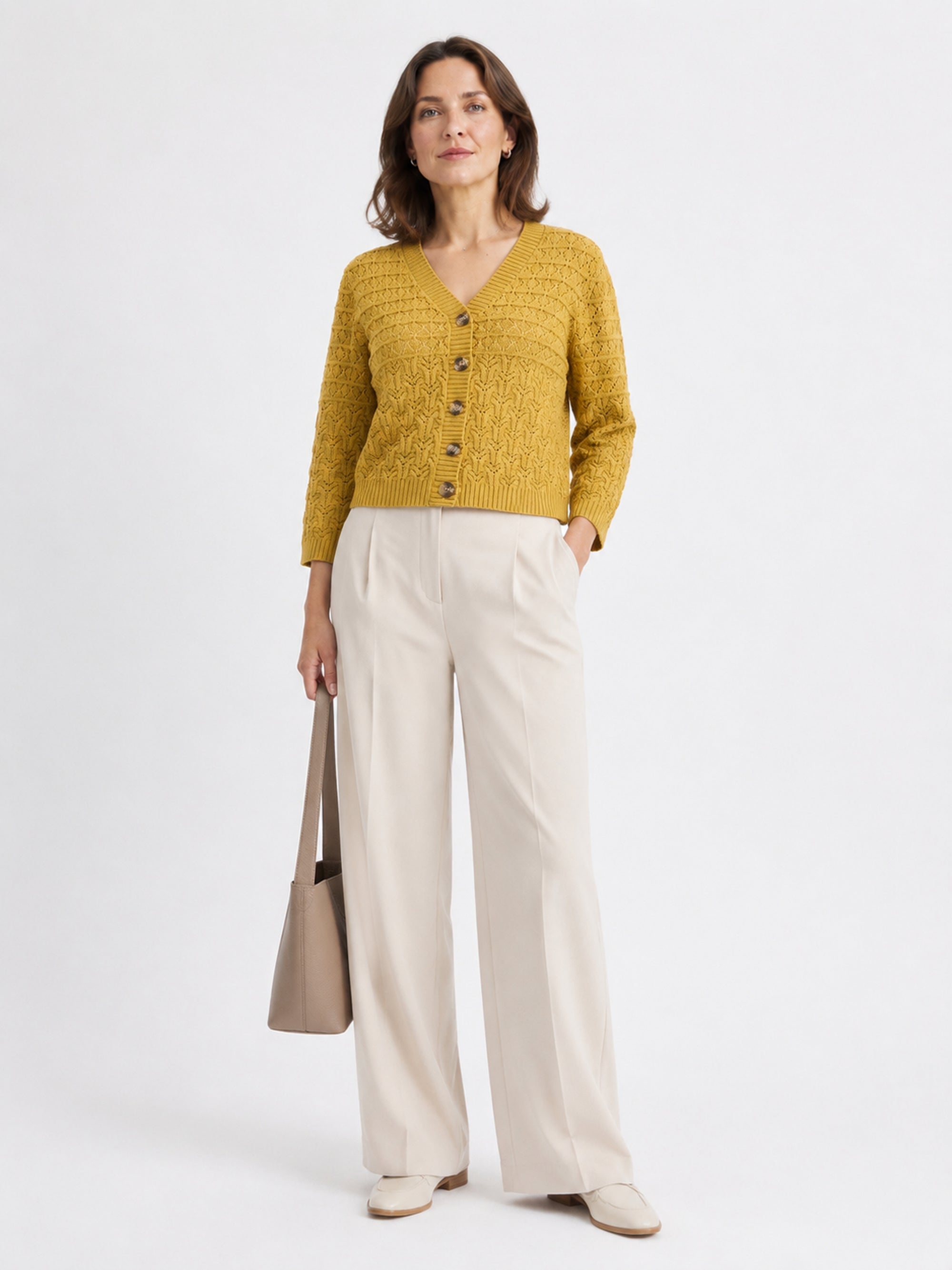 MY015 yellow openwork three-quarter sleeve cardigan full-body model view