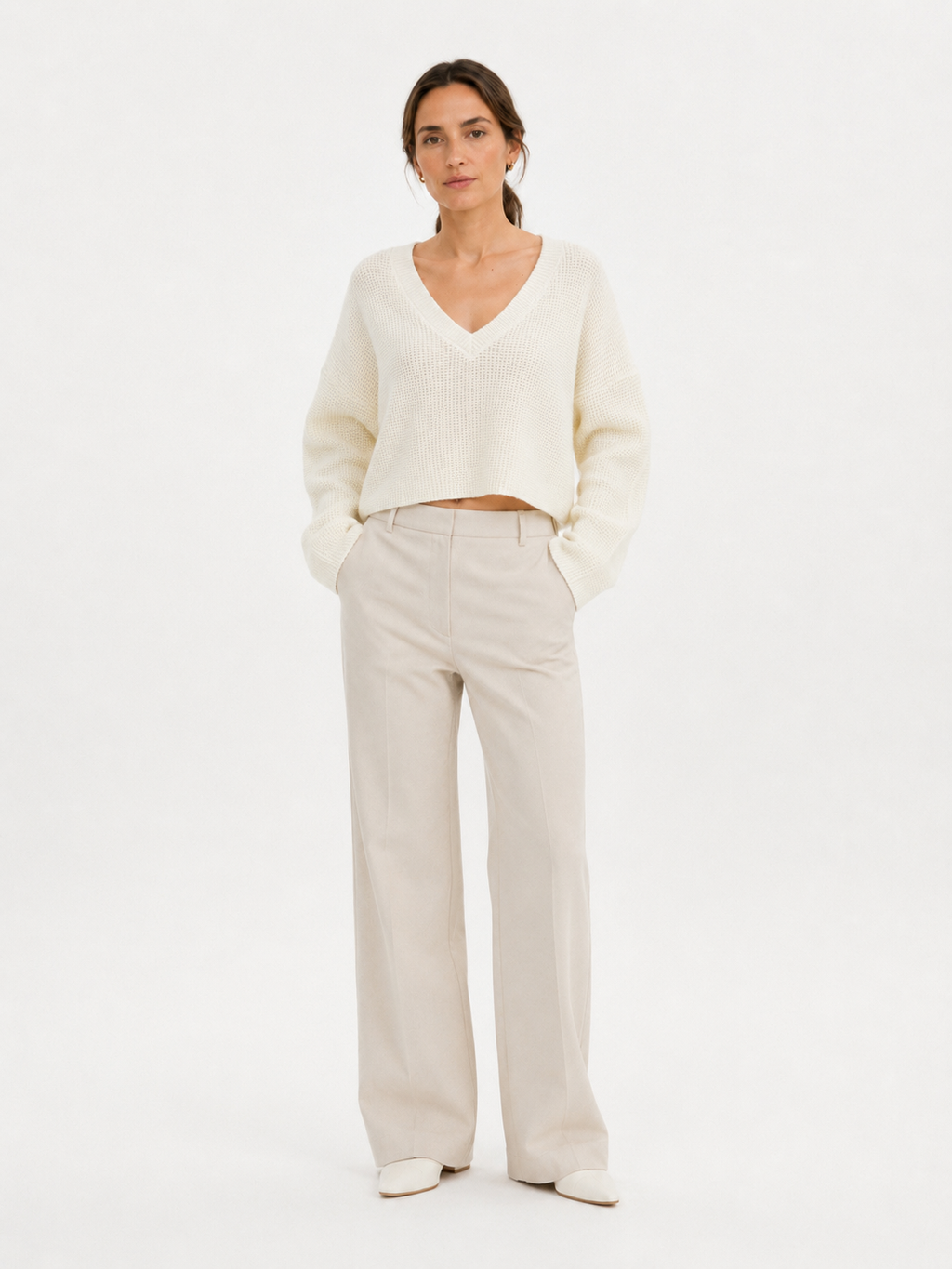Women's White Cropped V Neck Knit Sweater, Textured Long Sleeve Top