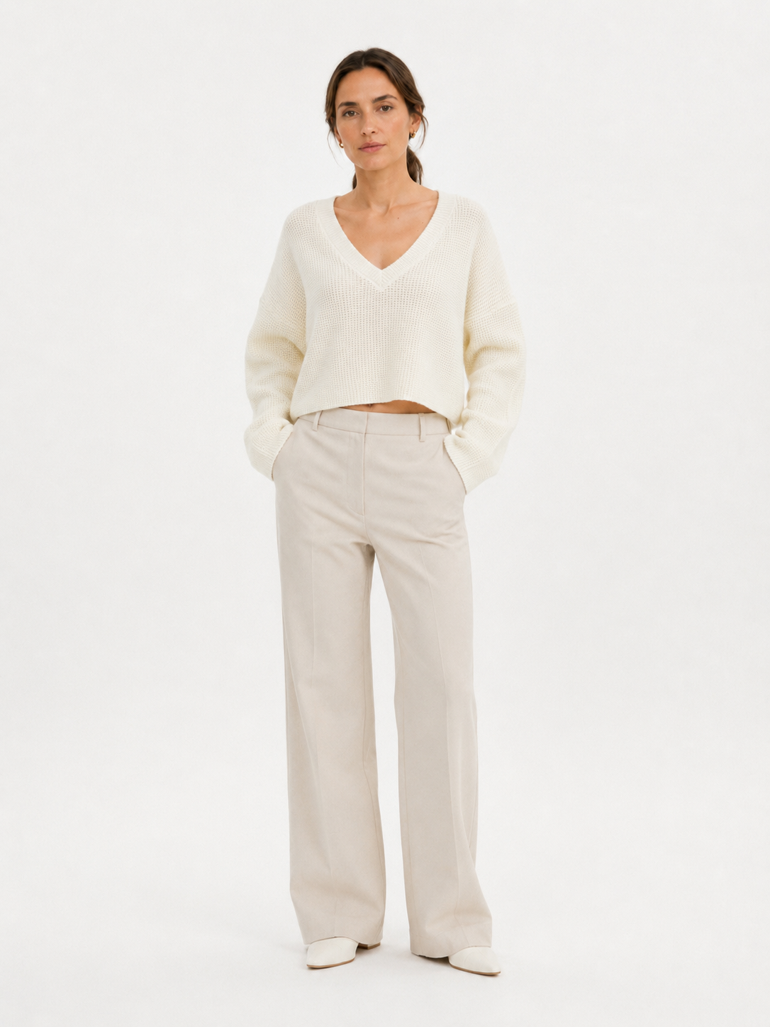 Women's White Cropped V Neck Knit Sweater, Textured Long Sleeve Top