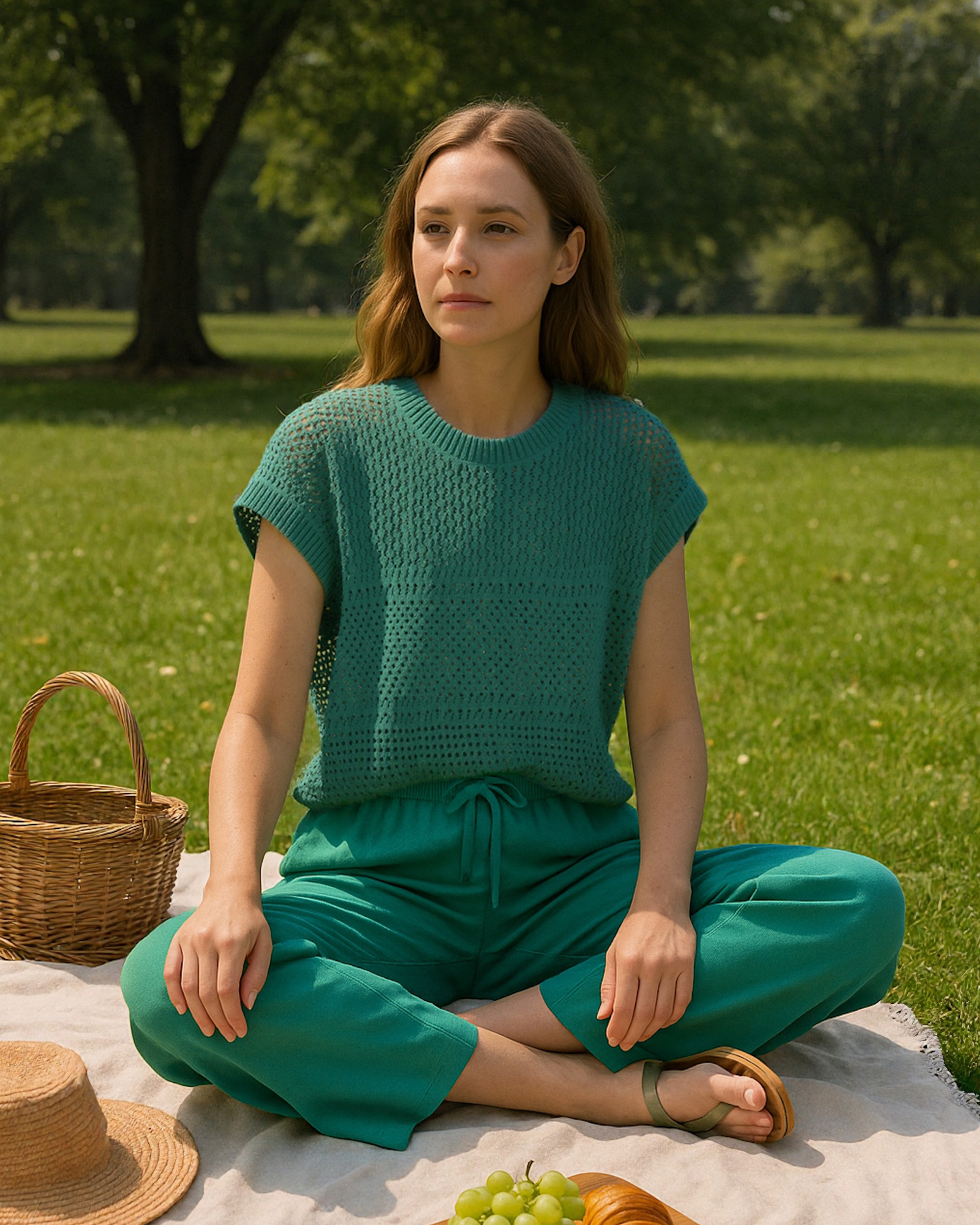 Green Hollow - out Knitted Loungewear Set