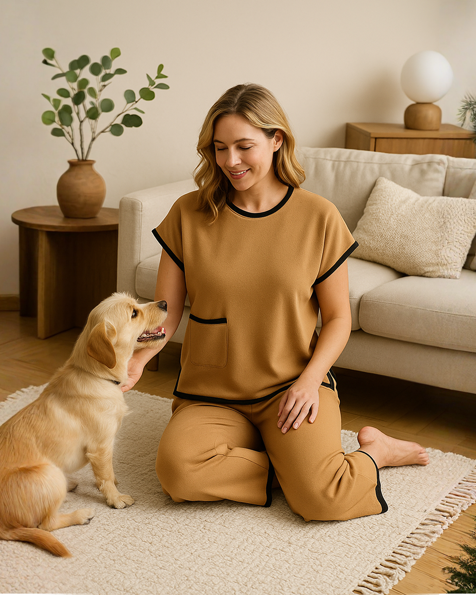 Warm Brown Contrast Knit Home Set