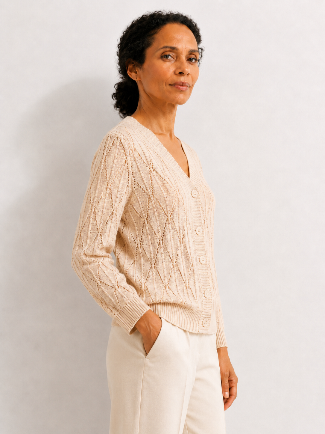 MY021 apricot openwork v-neck three-quarter sleeve cardigan side model view