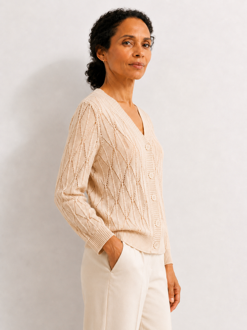 MY021 apricot openwork v-neck three-quarter sleeve cardigan side model view