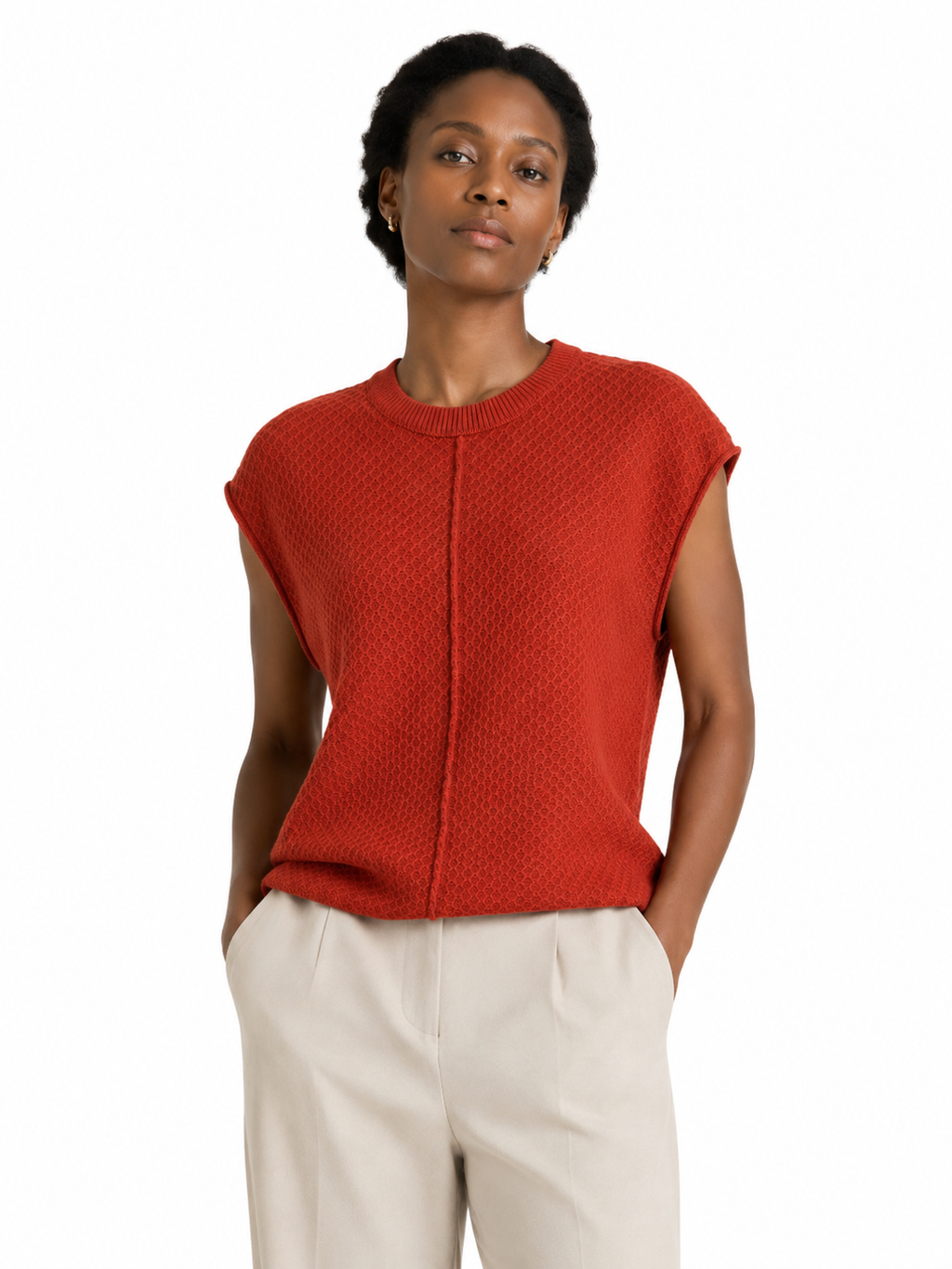 MY017 red textured sleeveless sweater tank full-body model view