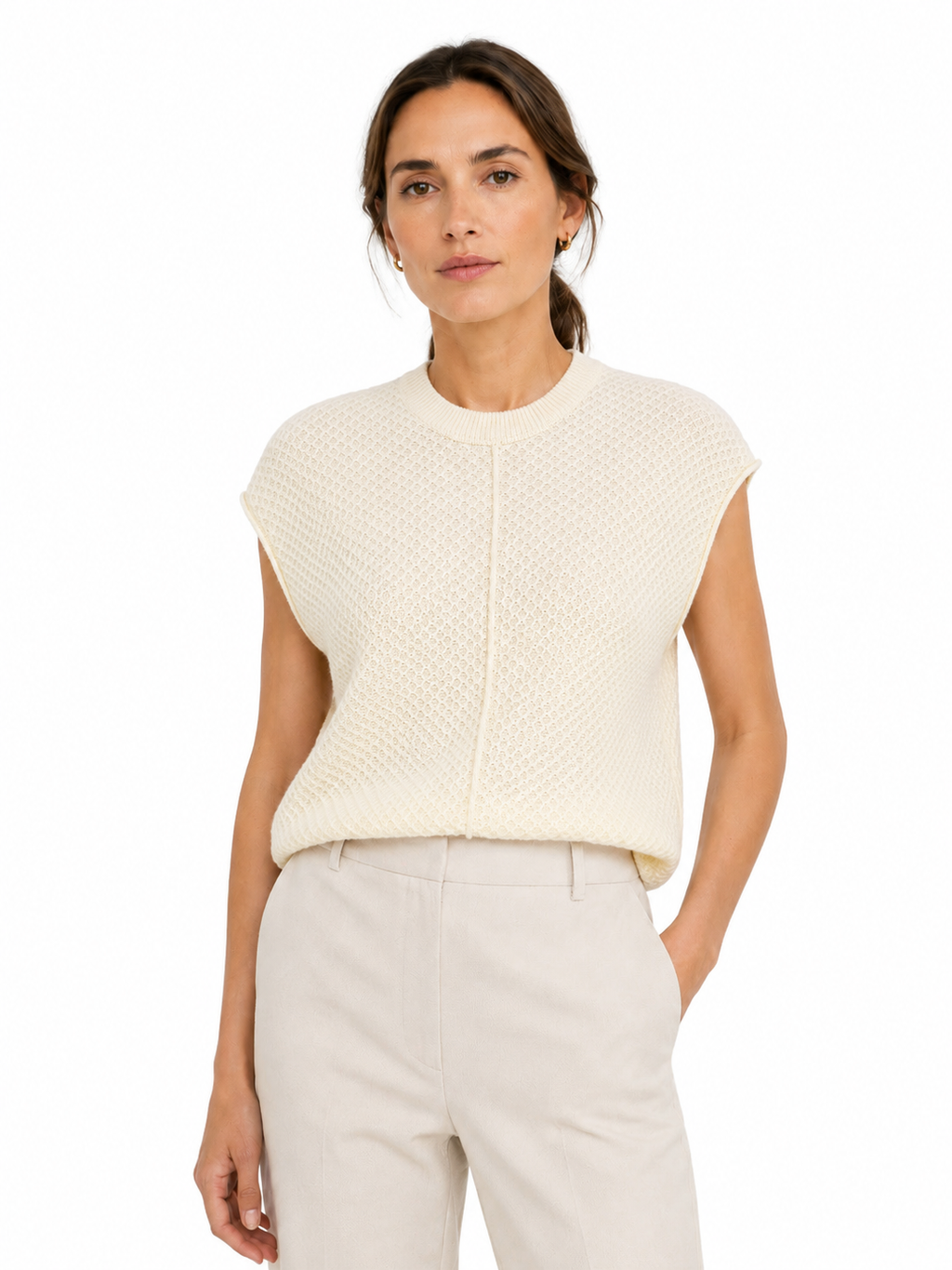 MY017 white textured sleeveless sweater tank full-body model view