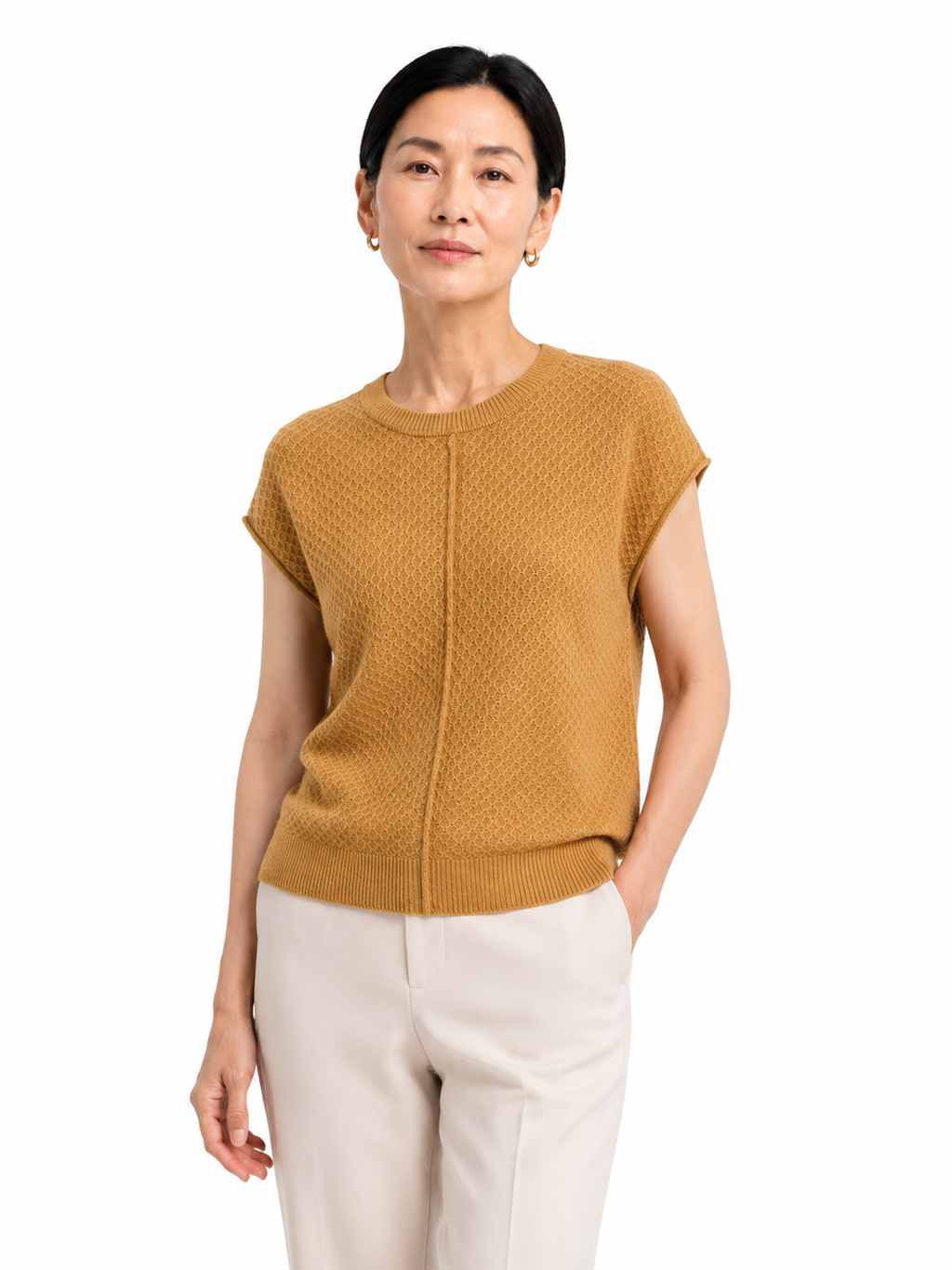 MY017 yellow textured sleeveless sweater tank full-body model view