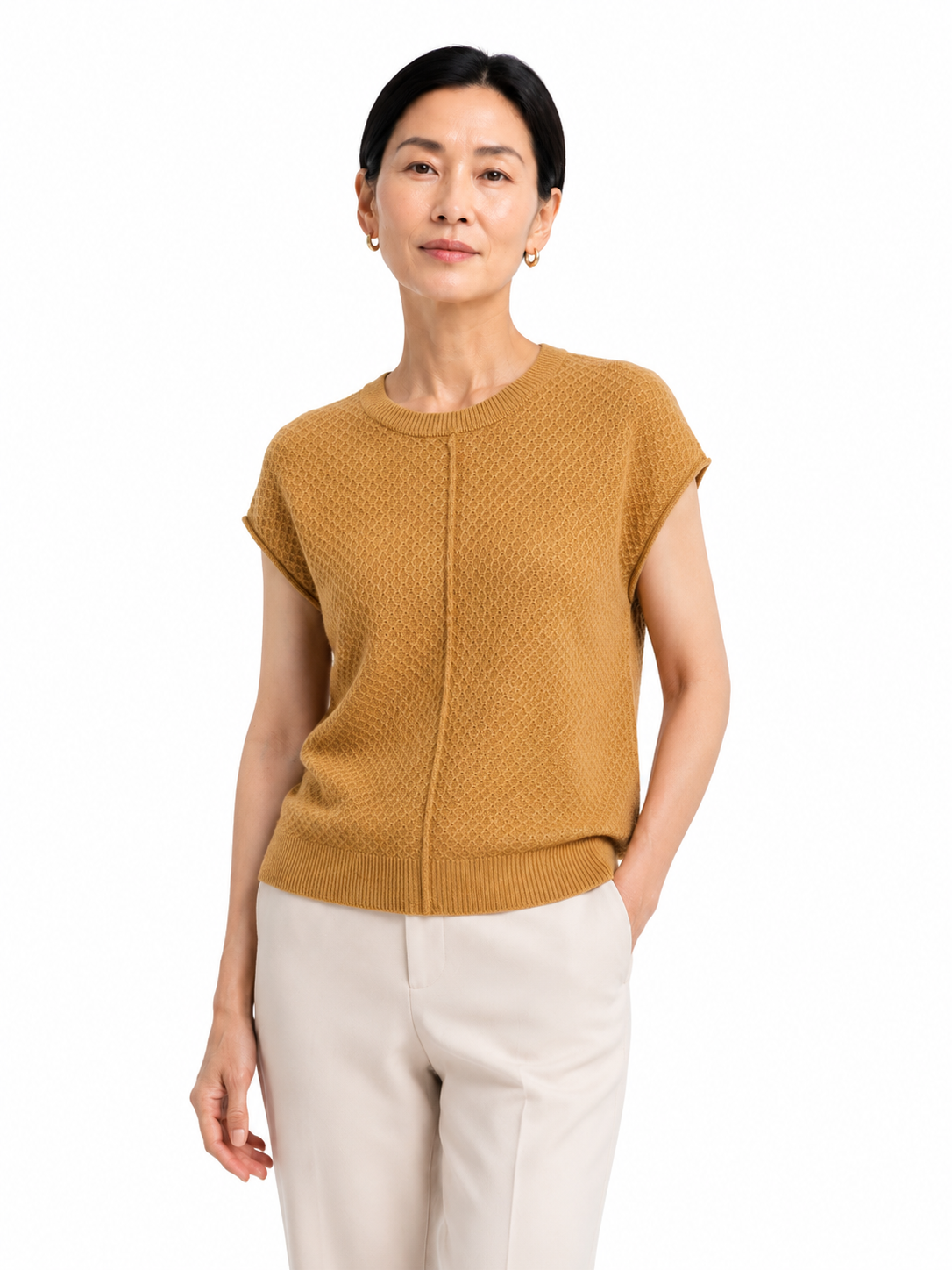 MY017 yellow textured sleeveless sweater tank full-body model view