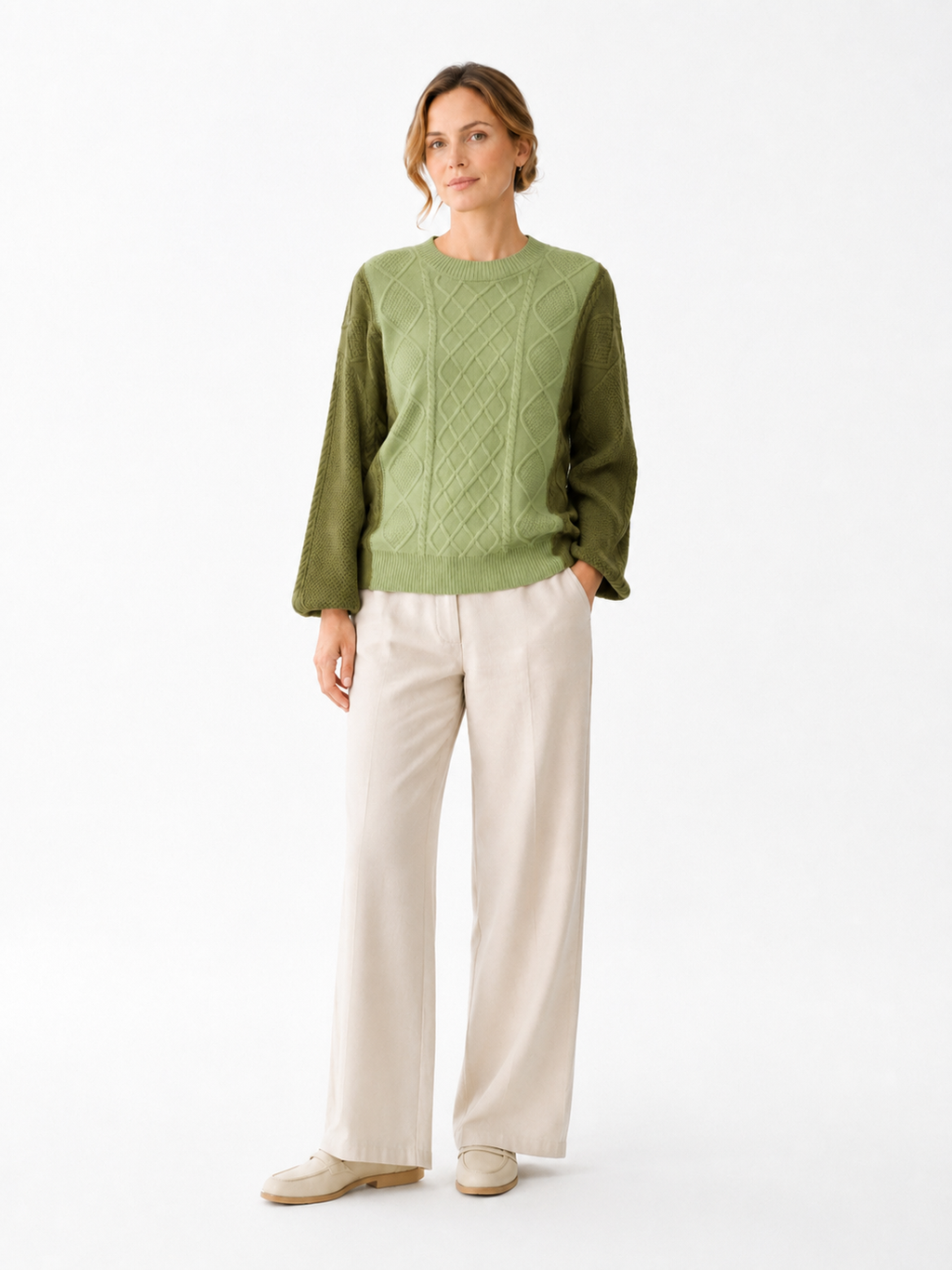MY005 green textured cable-knit pullover sweater full-body model view