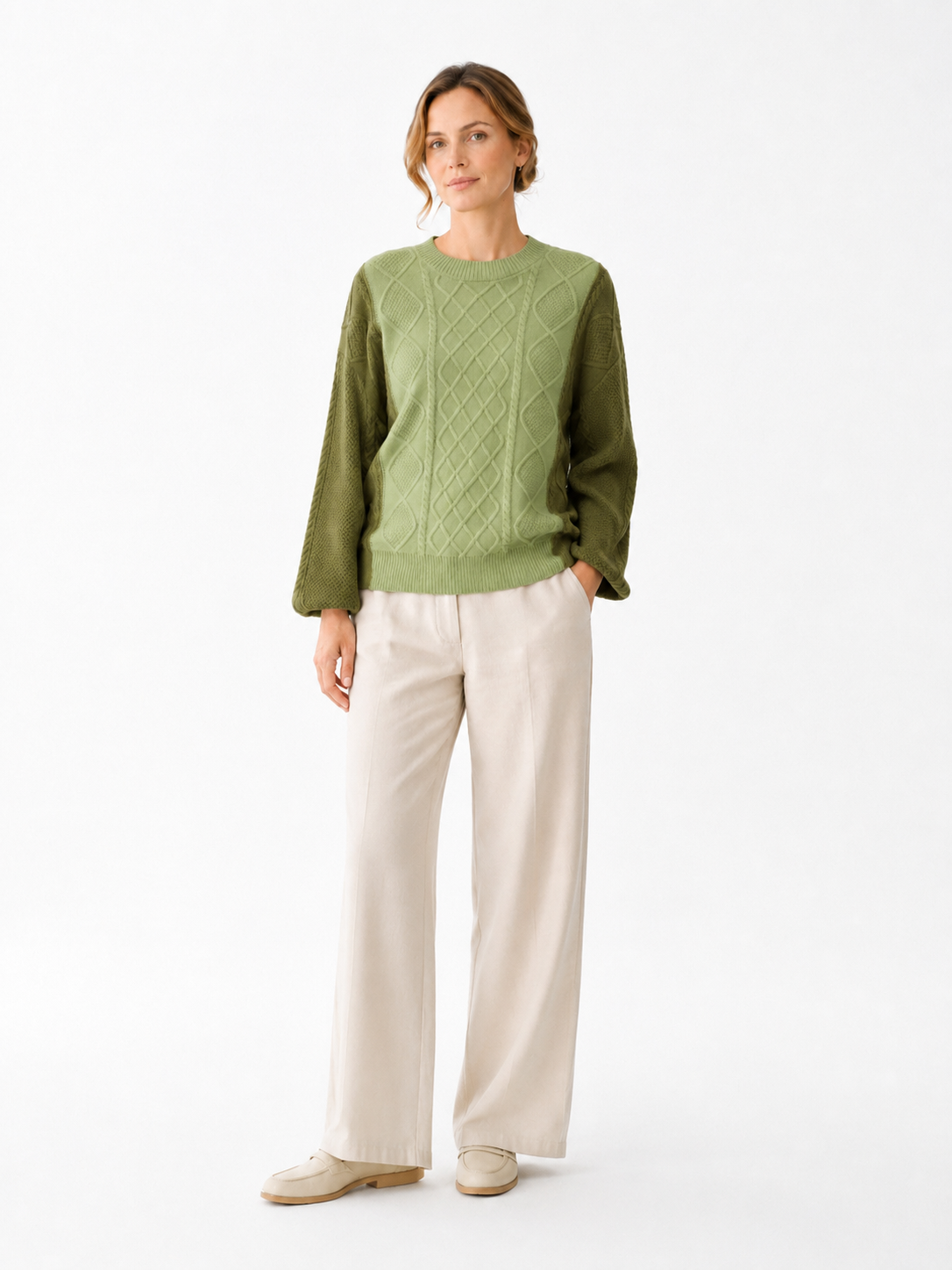 MY005 green textured cable-knit pullover sweater full-body model view