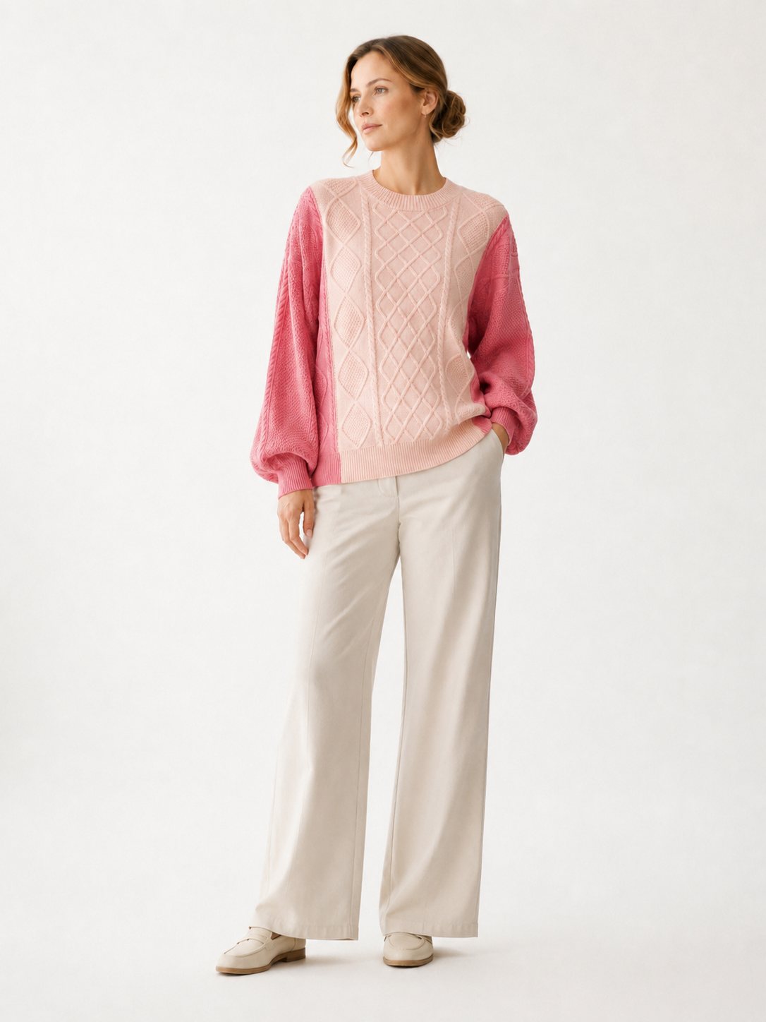 MY005 soft pink textured cable-knit pullover sweater full-body model view