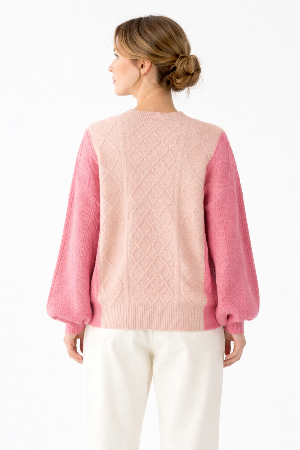 MY005 soft pink textured cable-knit pullover sweater back model view