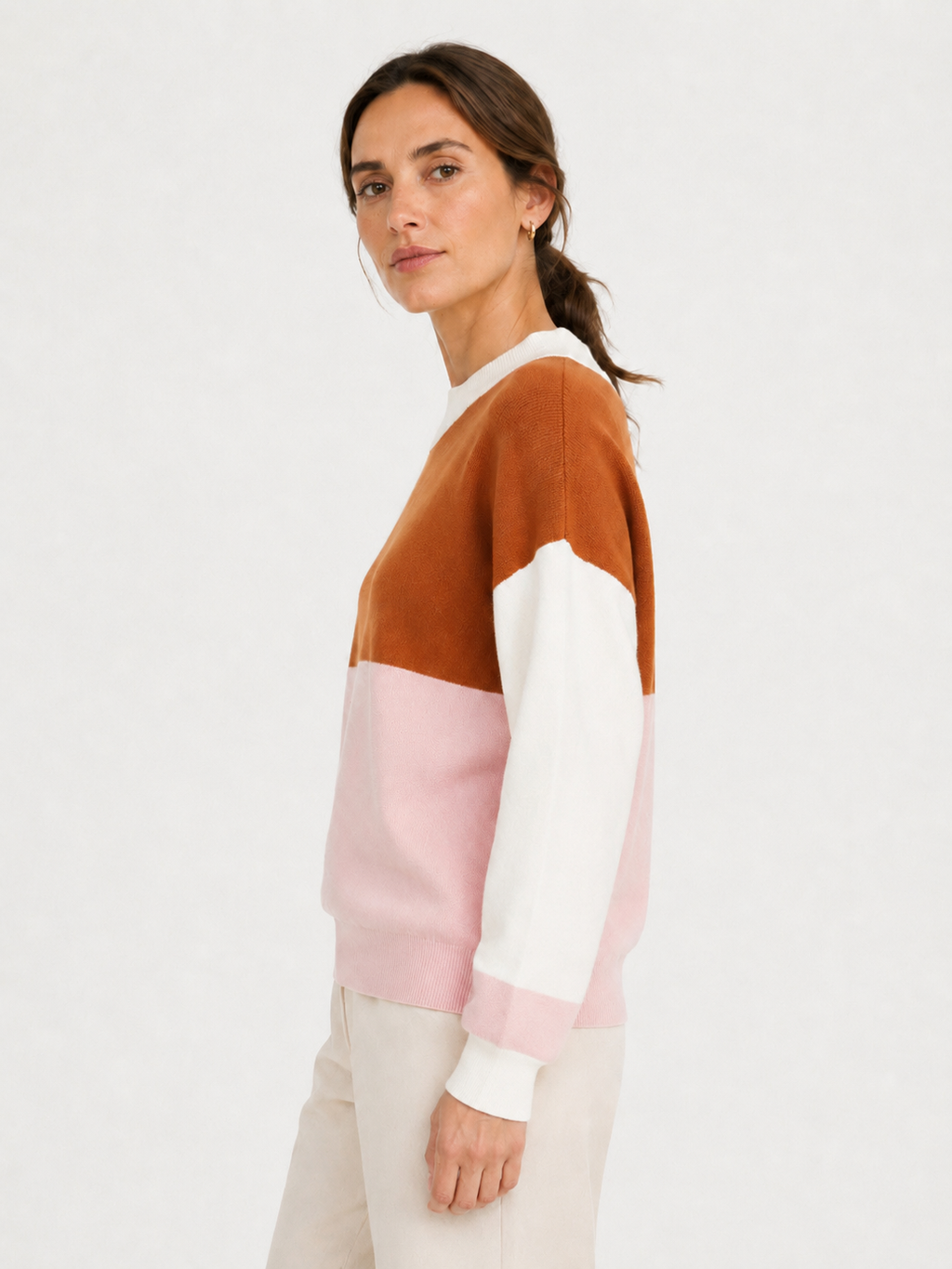 MY007 burgundy wide-neck striped knit pullover side model view