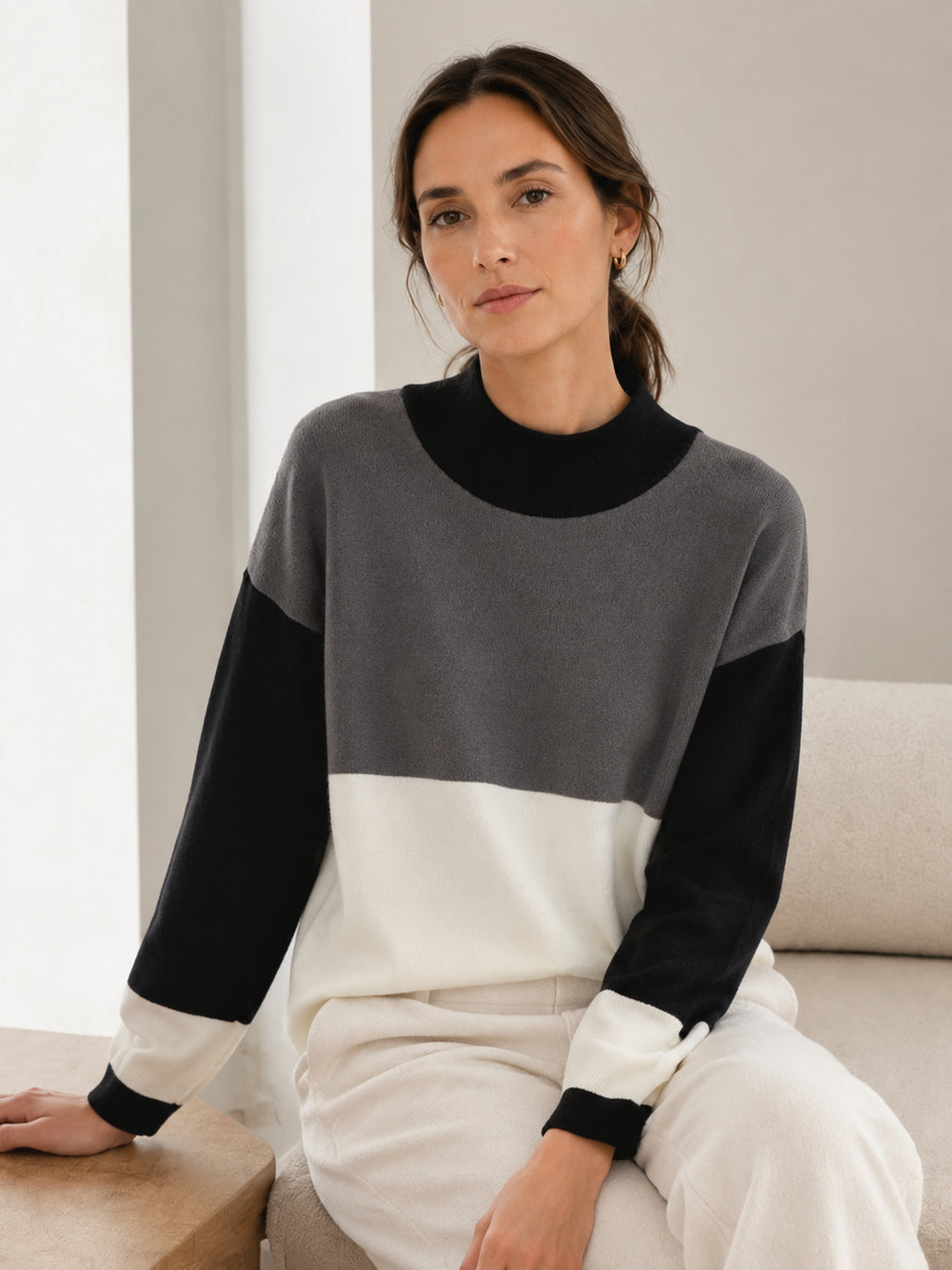 MY007 gray wide-neck striped knit pullover seated model view