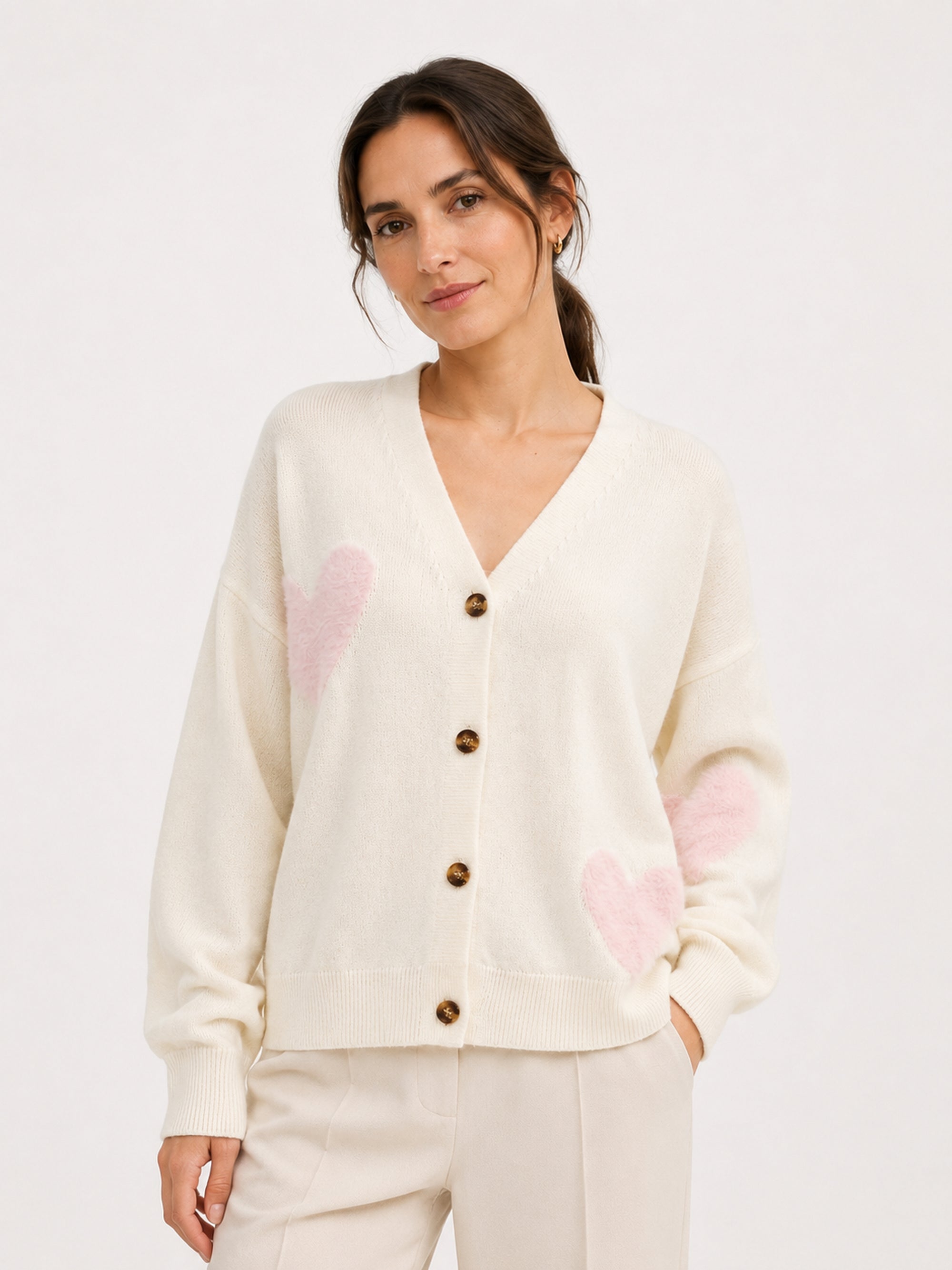 Women's White Oversized Jacquard Knit Cardigan, Button Front Sweater