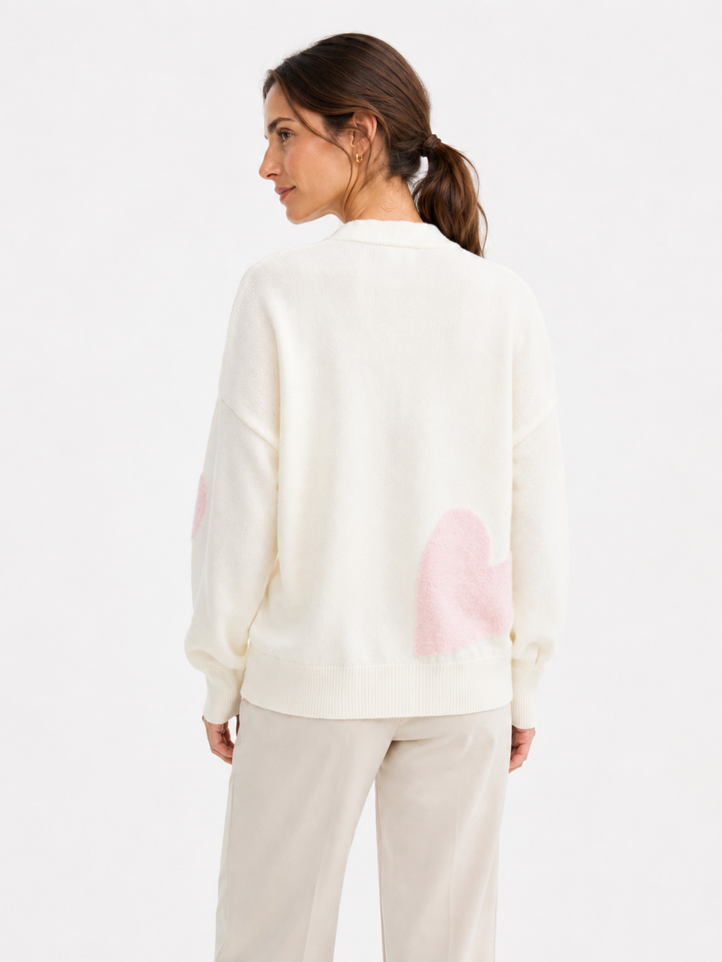 MY014 white oversized jacquard knit cardigan back model view