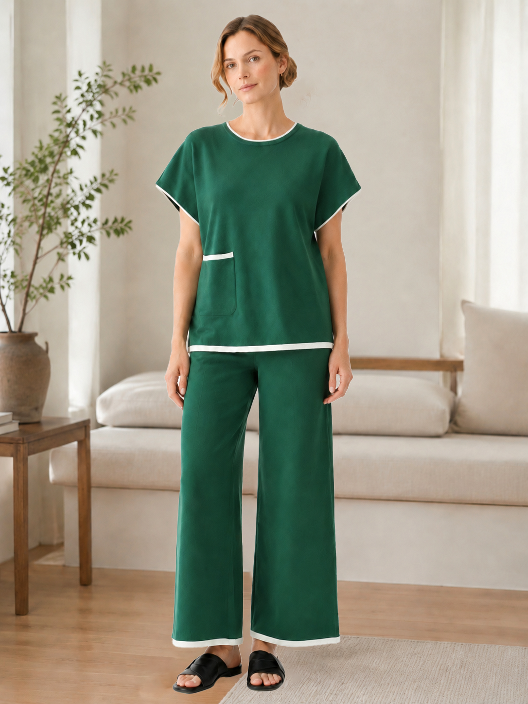 Women's Green 2 Piece Sleeveless Knit Set, Contrast Trim Tank and Pants Outfit
