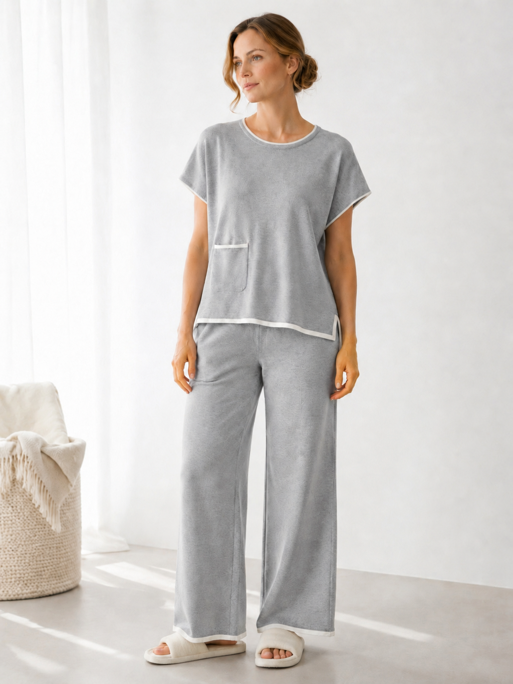 MY001 gray contrast-trim sleeveless knit set full-body model view
