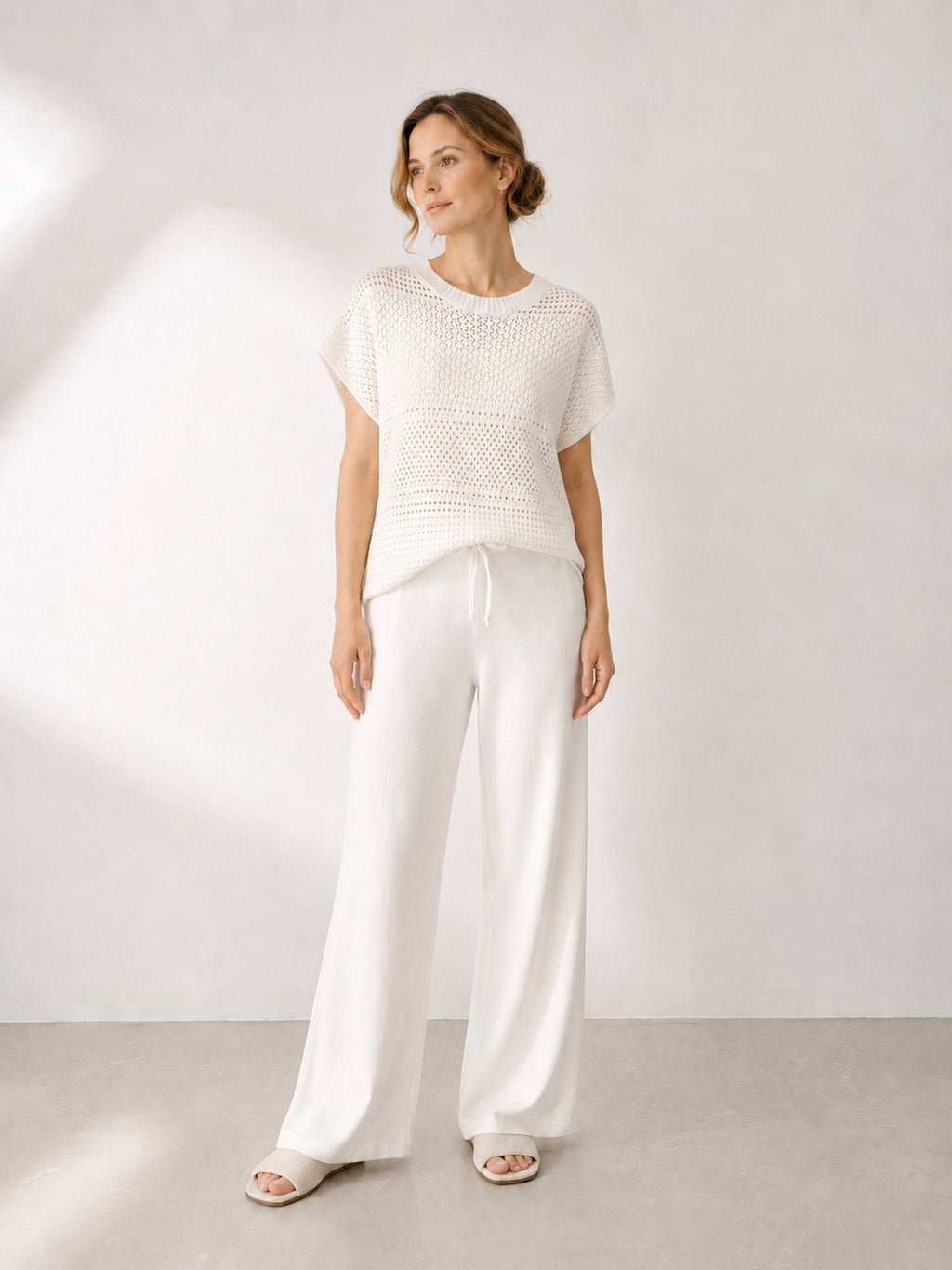 MY010 white open-knit sleeveless top & pants set full-body model view