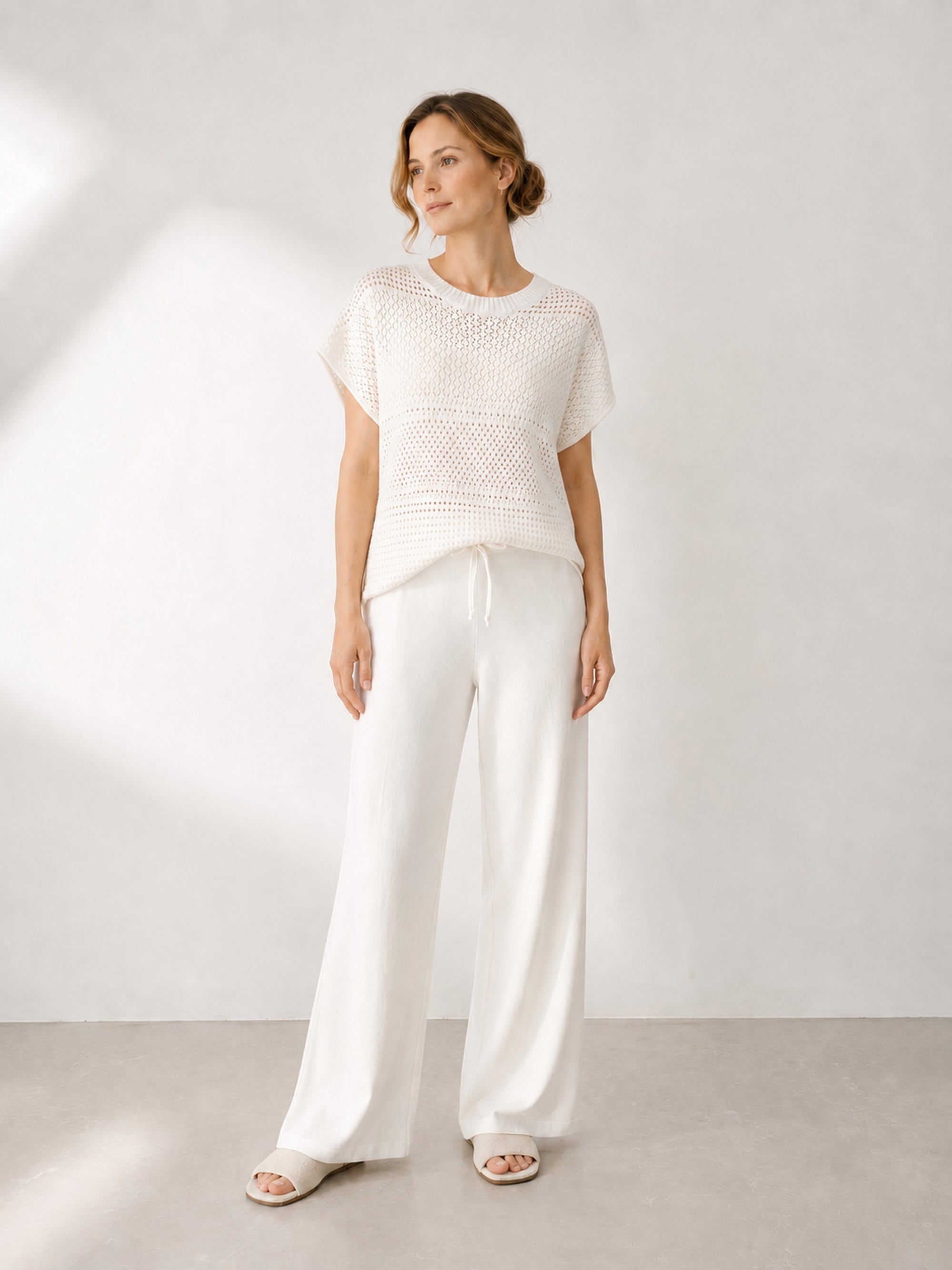 MY010 white open-knit sleeveless top & pants set full-body model view