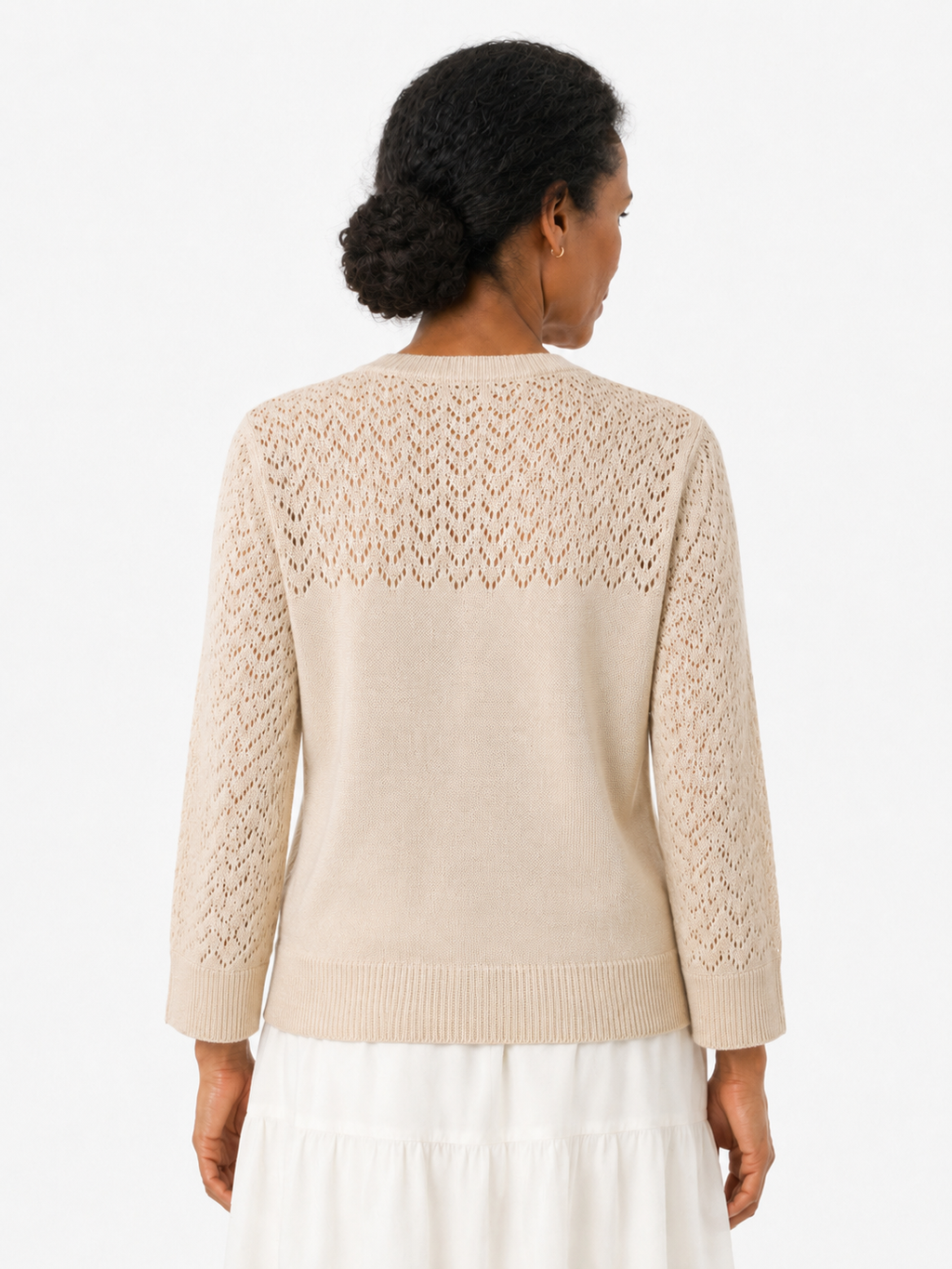Women's Apricot Openwork Knit Cardigan, Round Neck Button Front Sweater