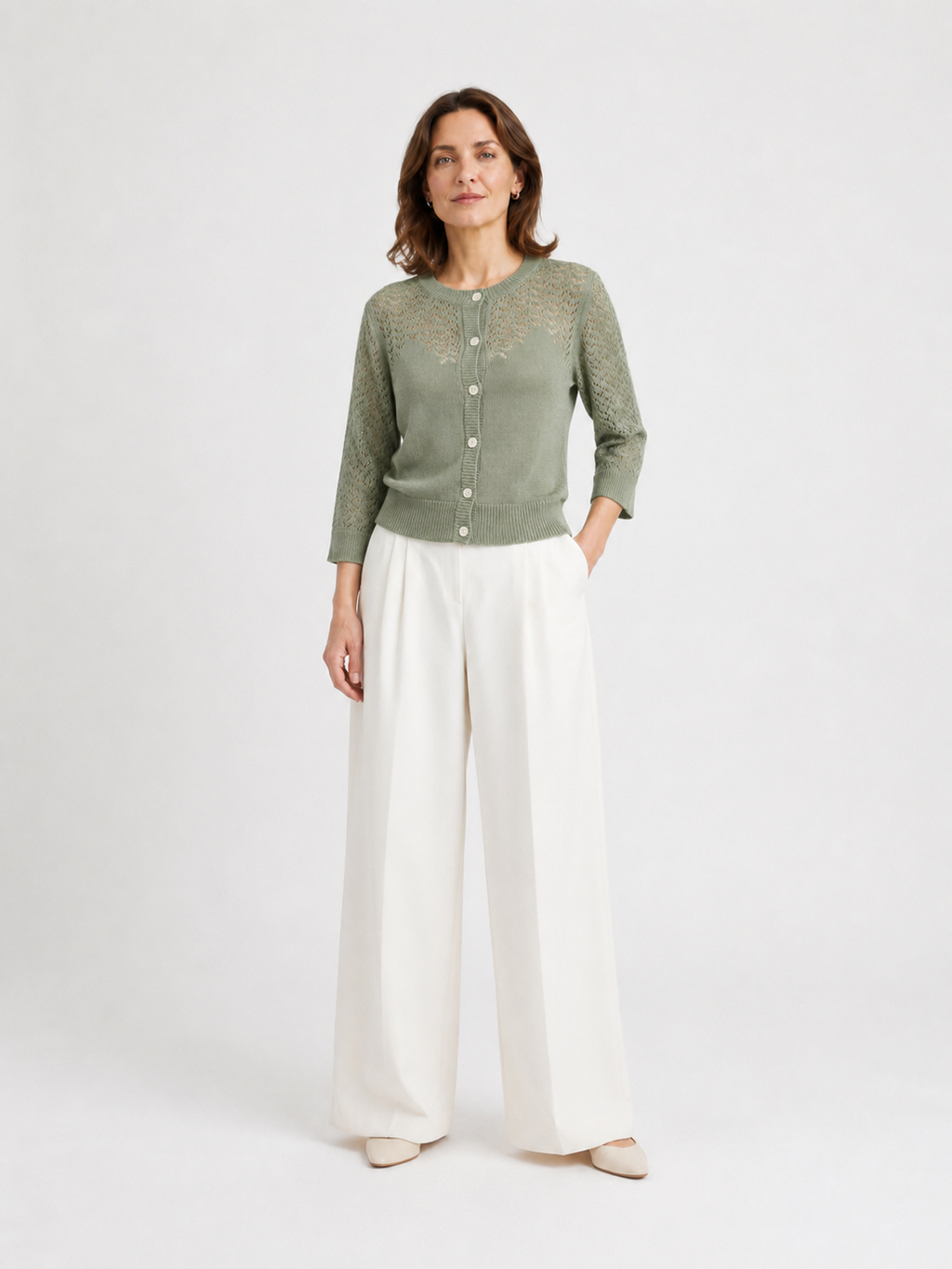 MY023 green openwork round-neck three-quarter sleeve cardigan full-body model view