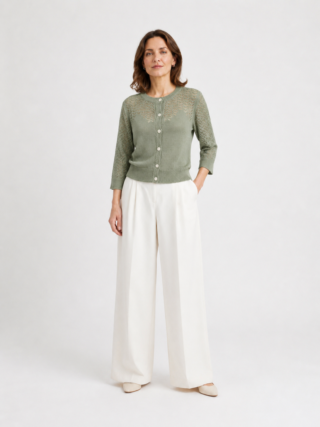 MY023 green openwork round-neck three-quarter sleeve cardigan full-body model view