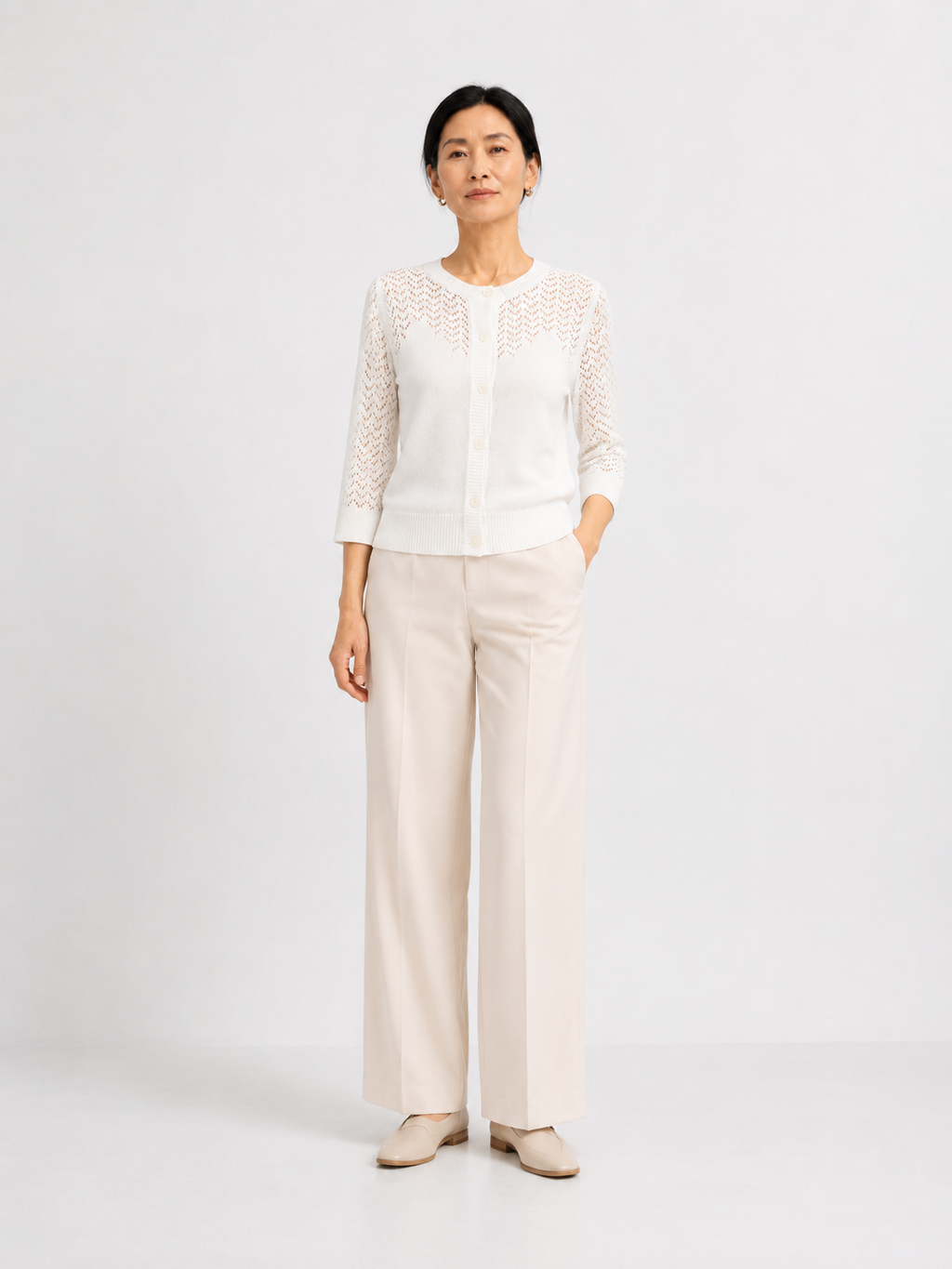 MY023 white openwork round-neck three-quarter sleeve cardigan full-body model view