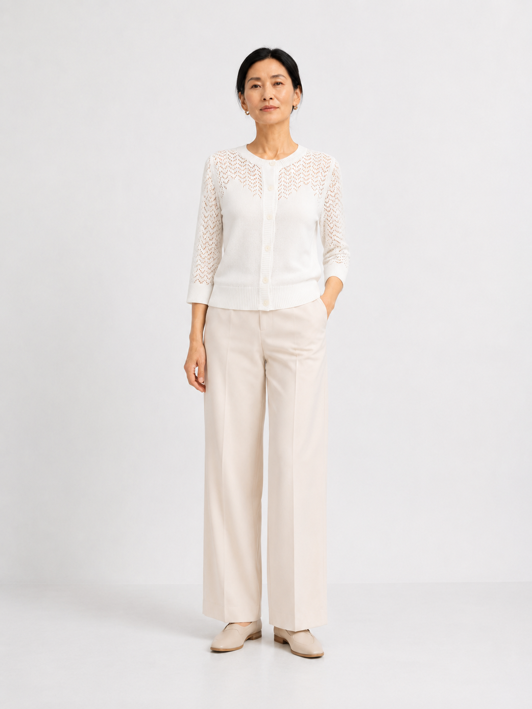 MY023 white openwork round-neck three-quarter sleeve cardigan full-body model view