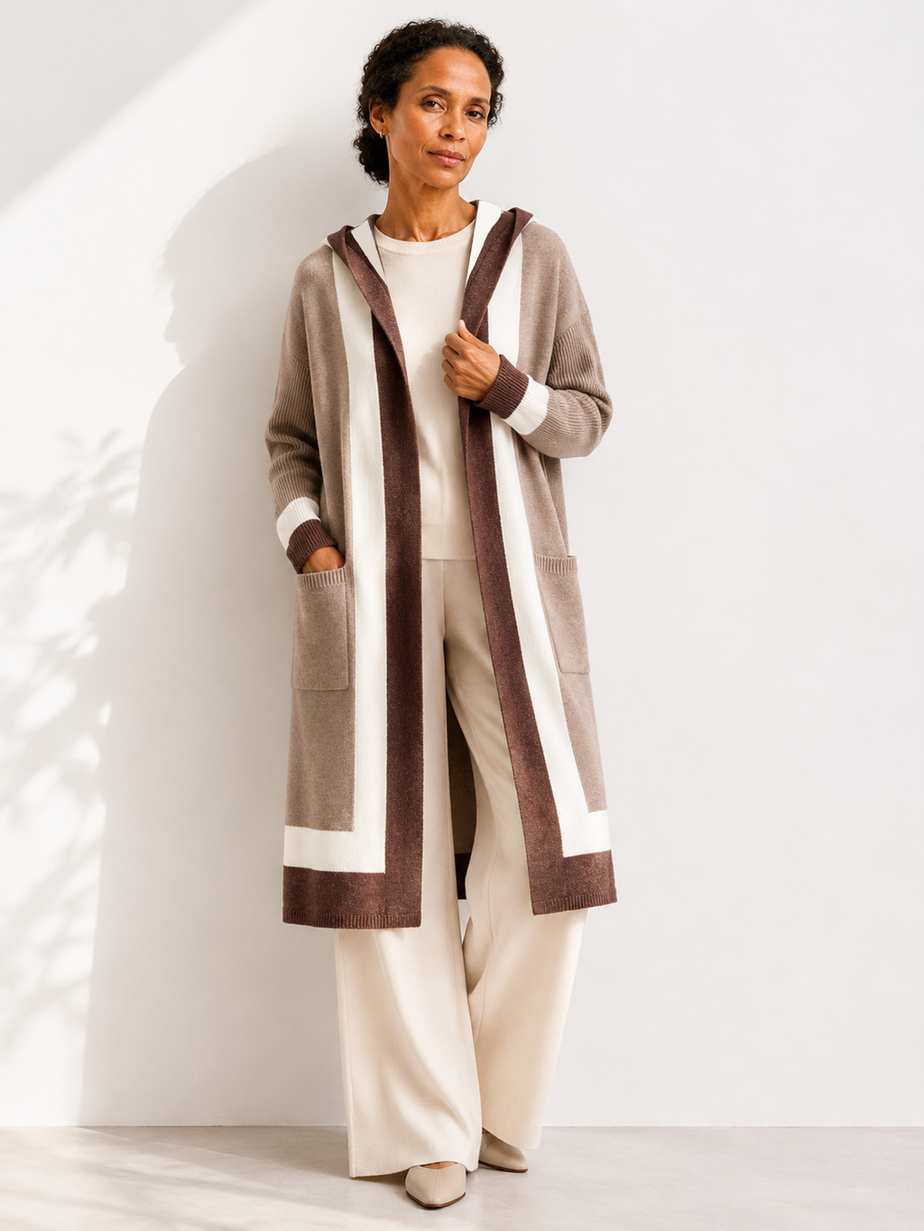 MY004 brown hooded long knit cape cardigan full-body model view