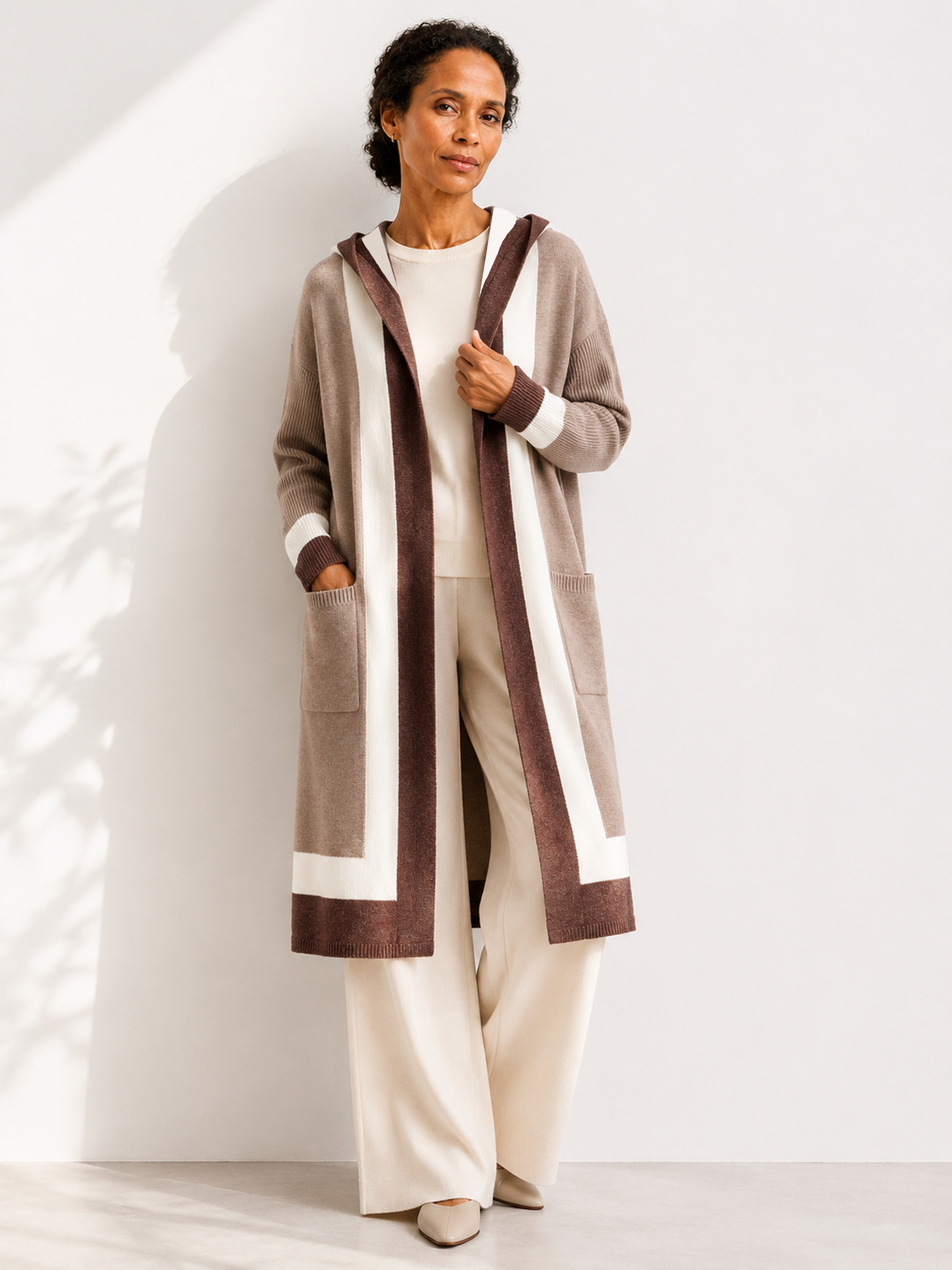 MY004 brown hooded long knit cape cardigan full-body model view