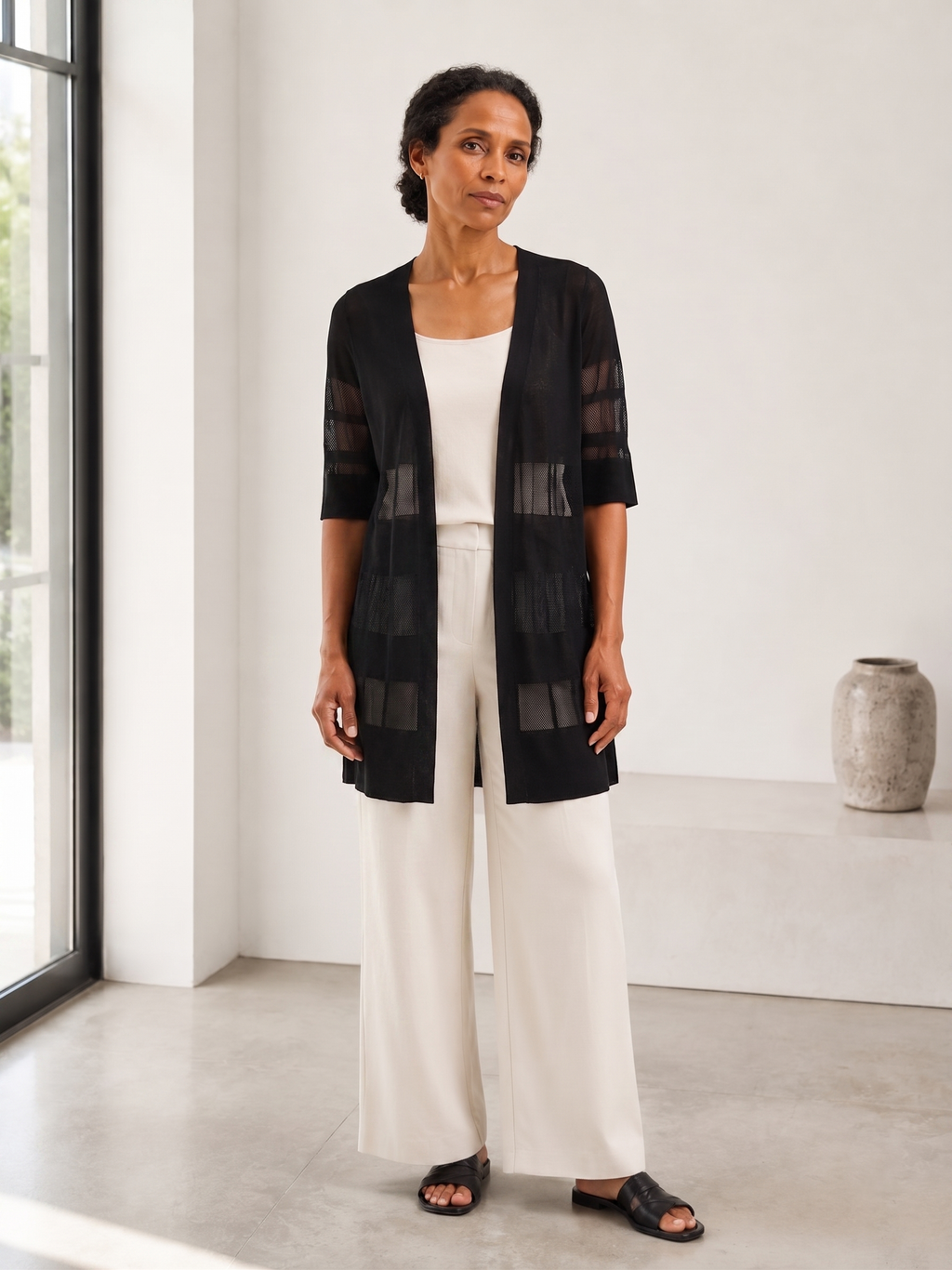 MY022 black long openwork v-neck cardigan full-body model view