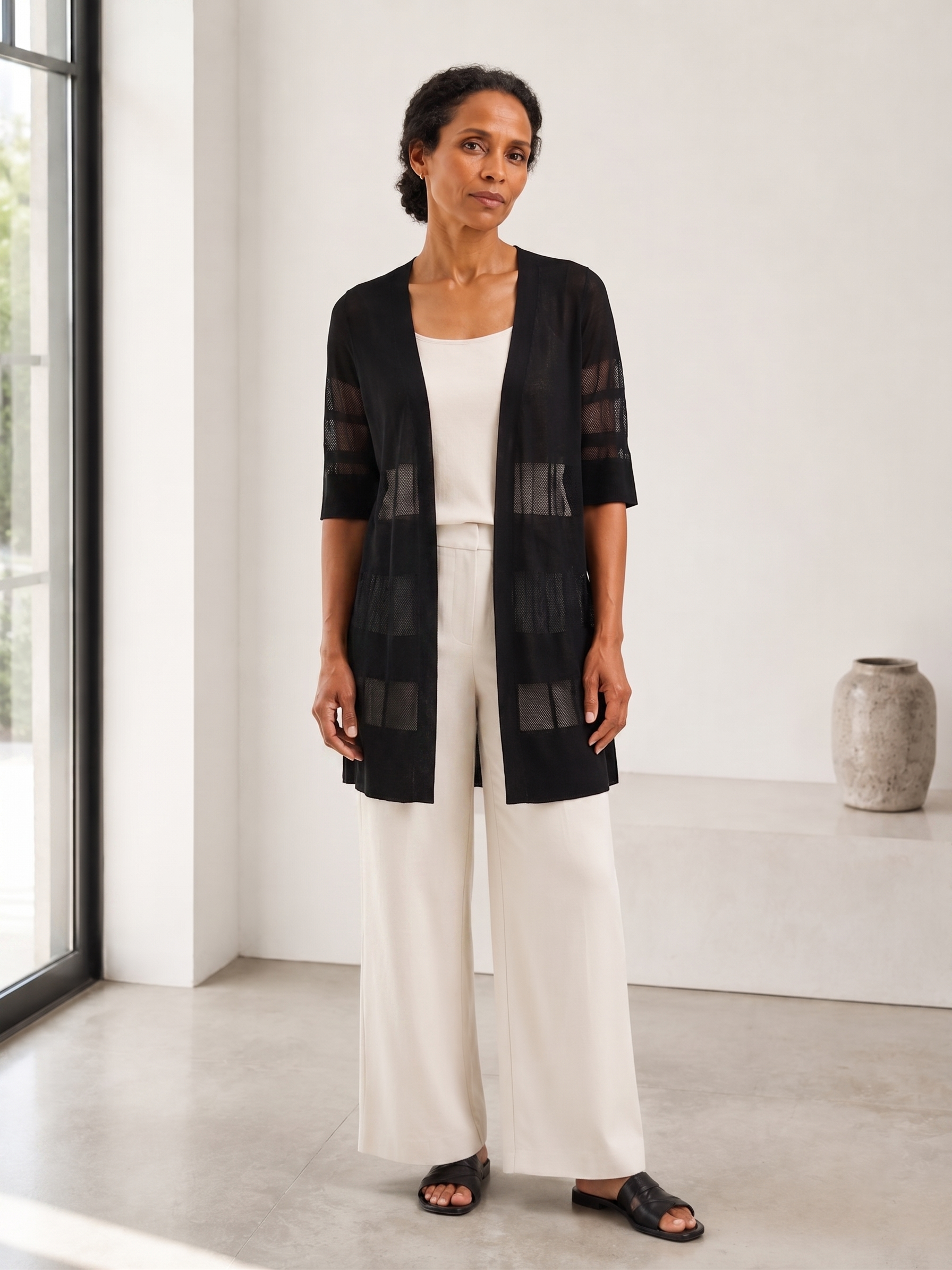 MY022 black long openwork v-neck cardigan full-body model view