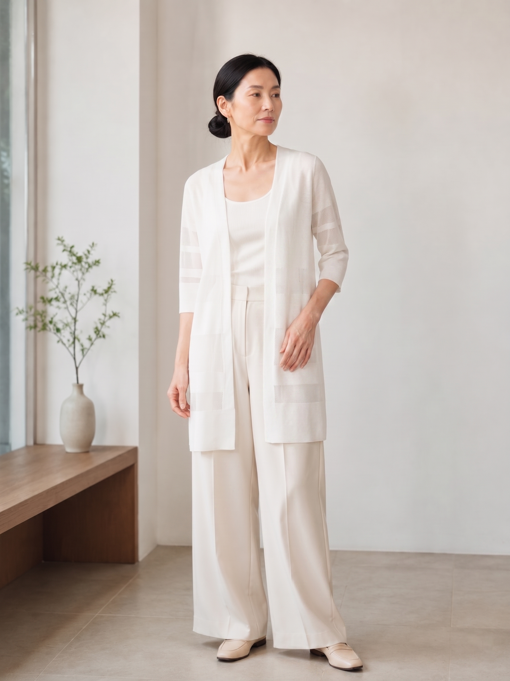 MY022 white long openwork v-neck cardigan full-body model view