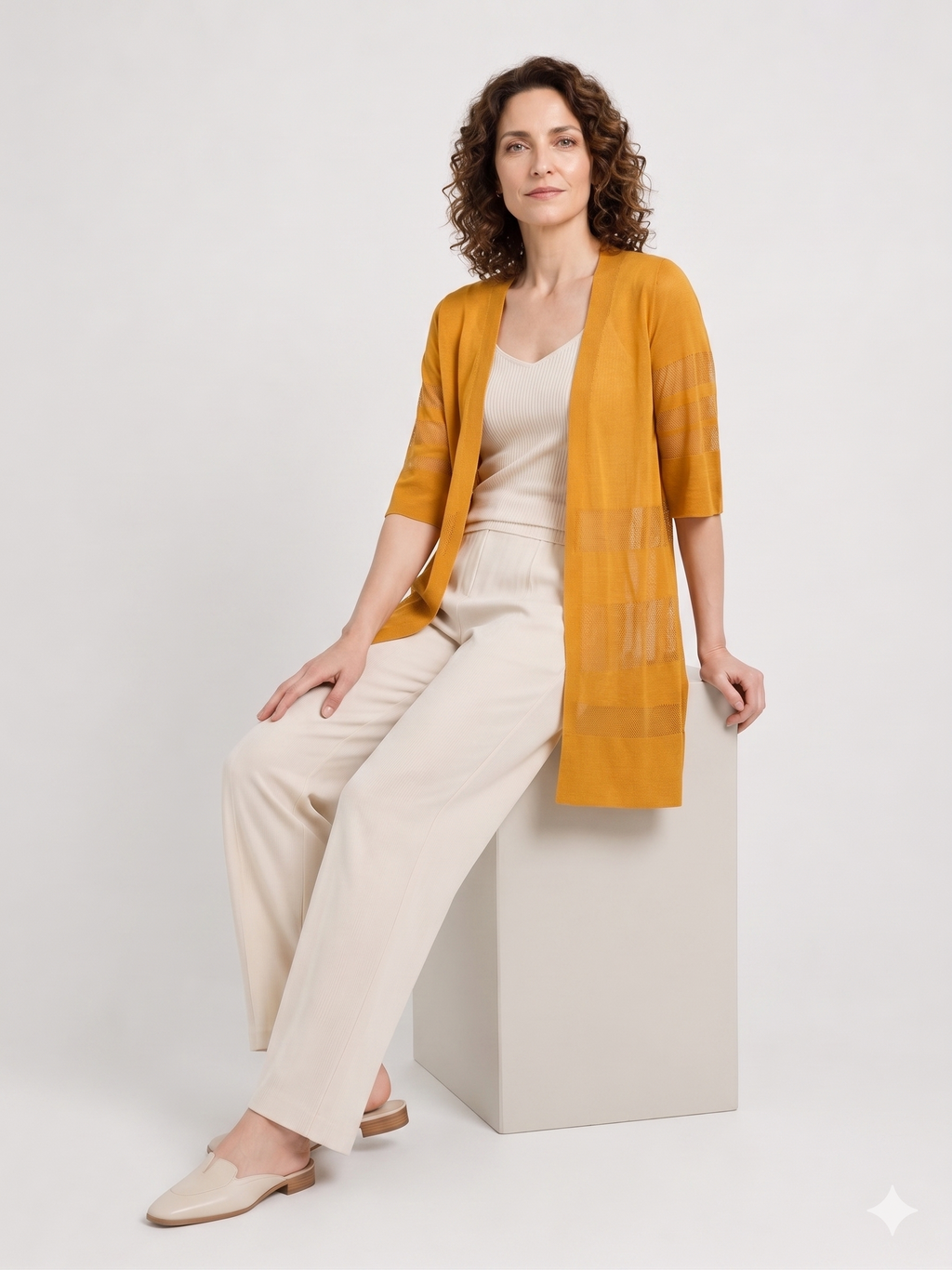 Women's Yellow Long Openwork Knit Cardigan, Lightweight V Neck Cover Up
