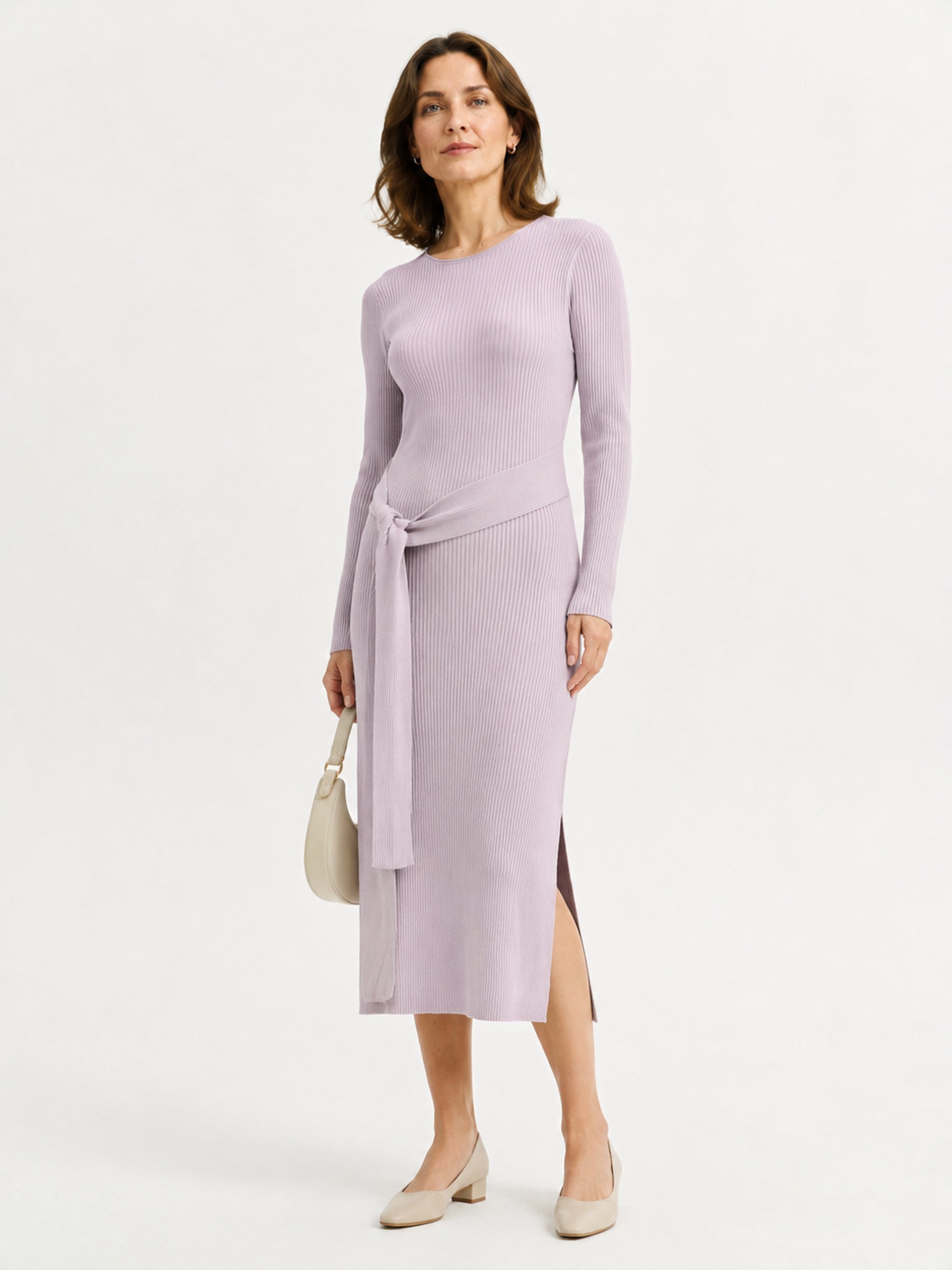 MY012 purple ribbed side-slit sweater dress full-body model view