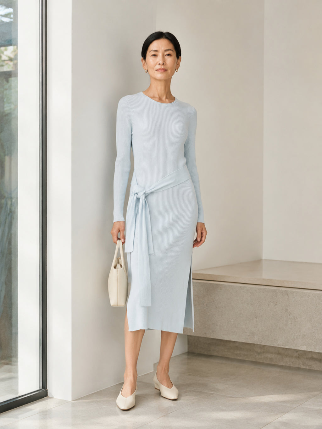 Women's Teal Green Ribbed Sweater Dress, Side Slit Belted Knit Dress