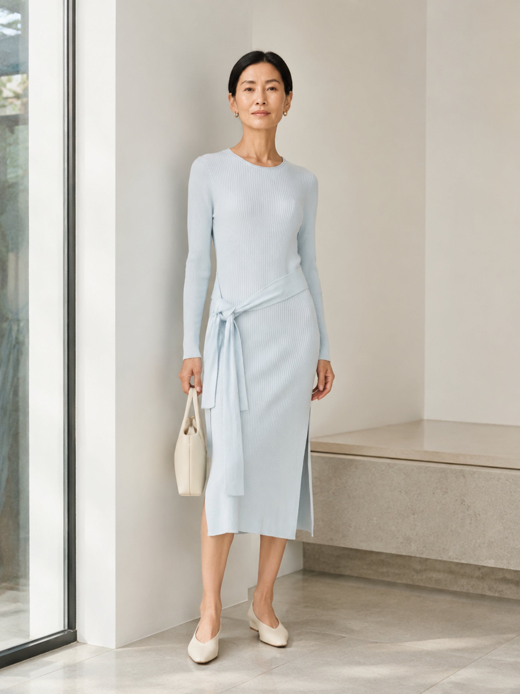 Women's Teal Green Ribbed Sweater Dress, Side Slit Belted Knit Dress