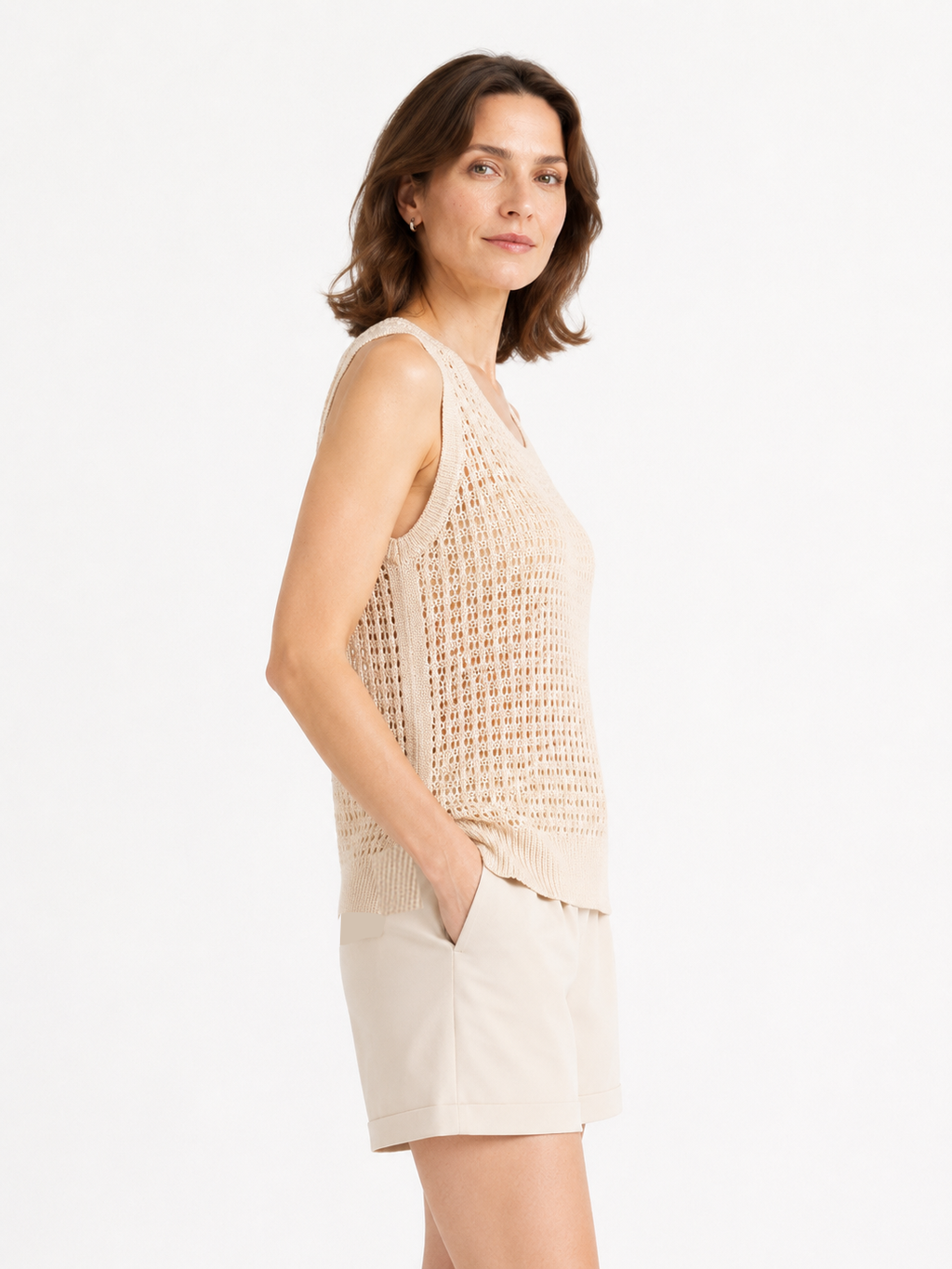 Women's Apricot Openwork Sleeveless Knit Top, Round Neck Summer Sweater