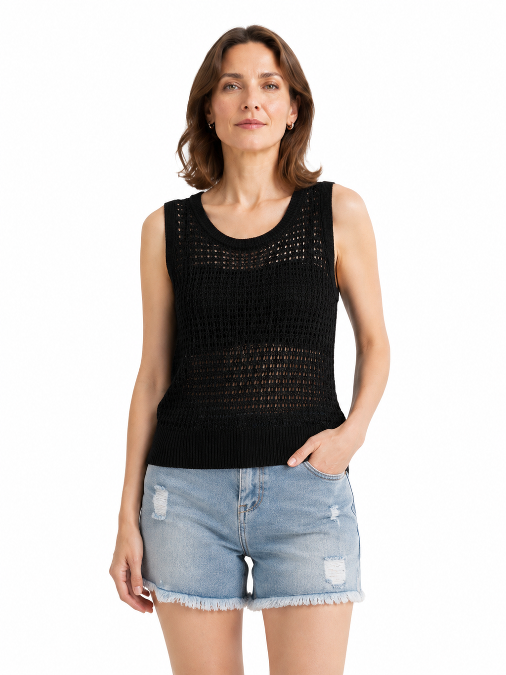 MY020 black openwork round-neck sleeveless top full-body model view