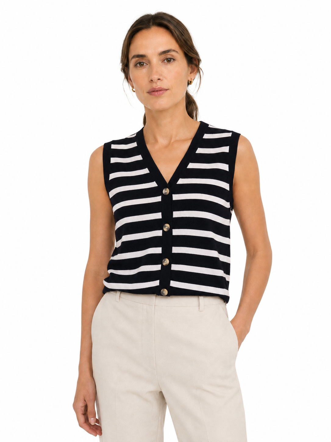 MY018 black striped sleeveless knit cardigan vest full-body model view