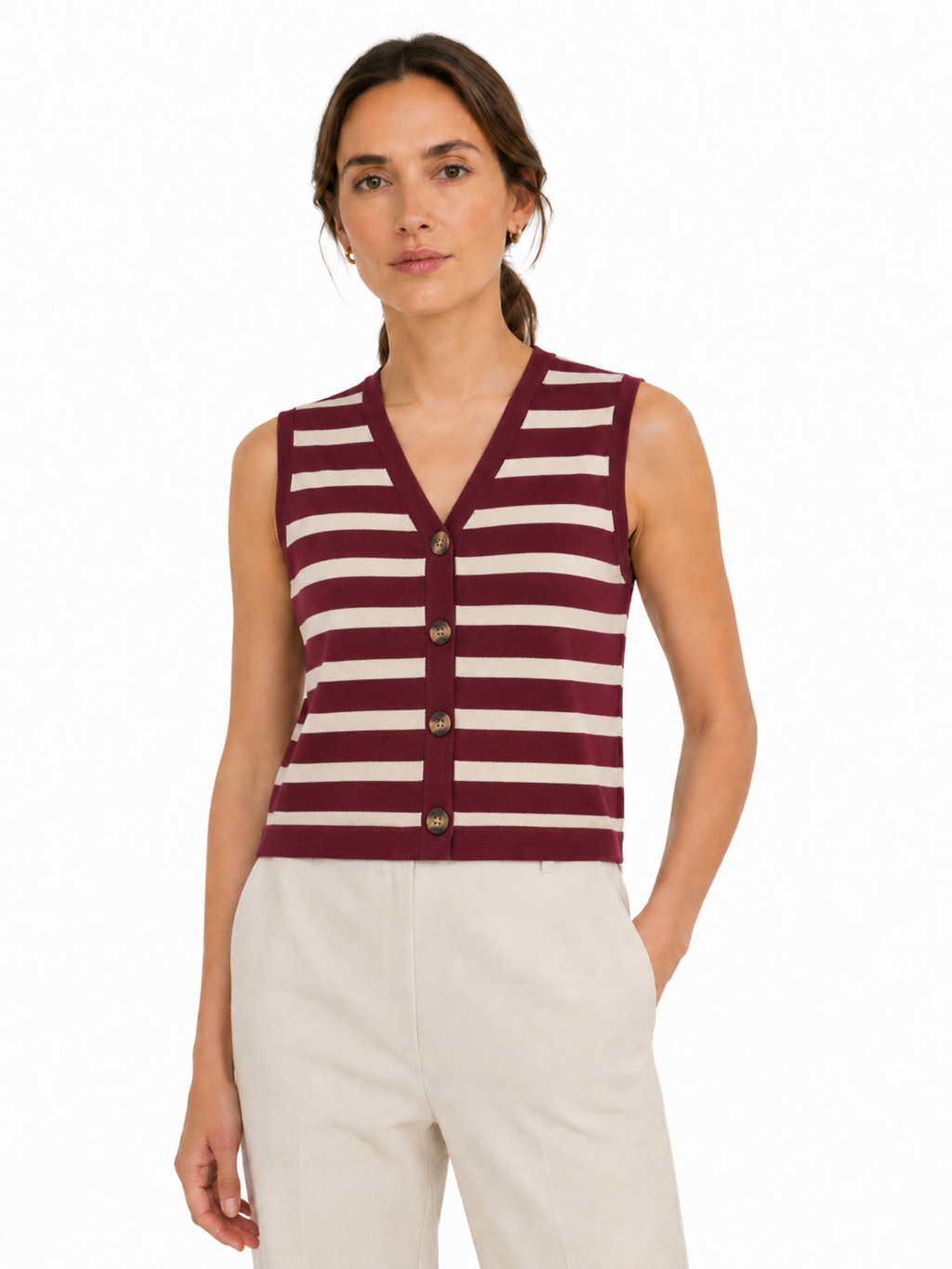 MY018 red striped sleeveless knit cardigan vest full-body model view
