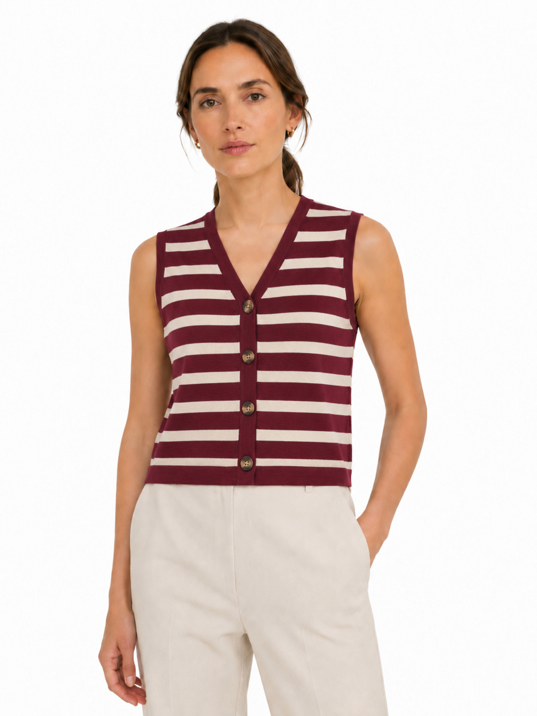 MY018 red striped sleeveless knit cardigan vest full-body model view
