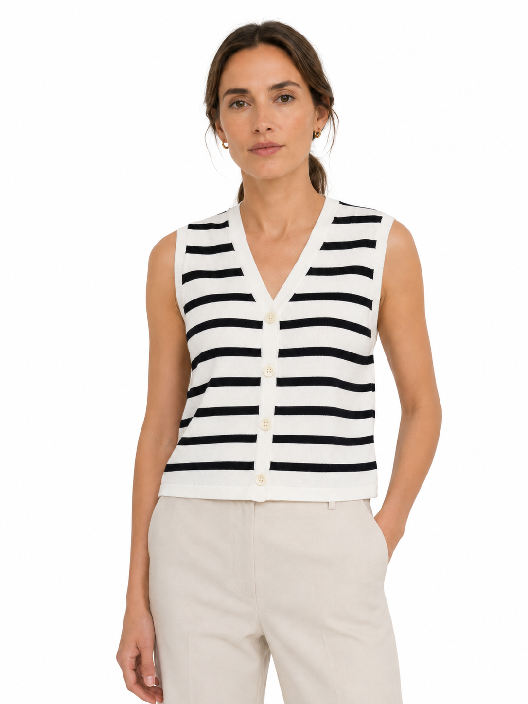 MY018 white striped sleeveless knit cardigan vest full-body model view