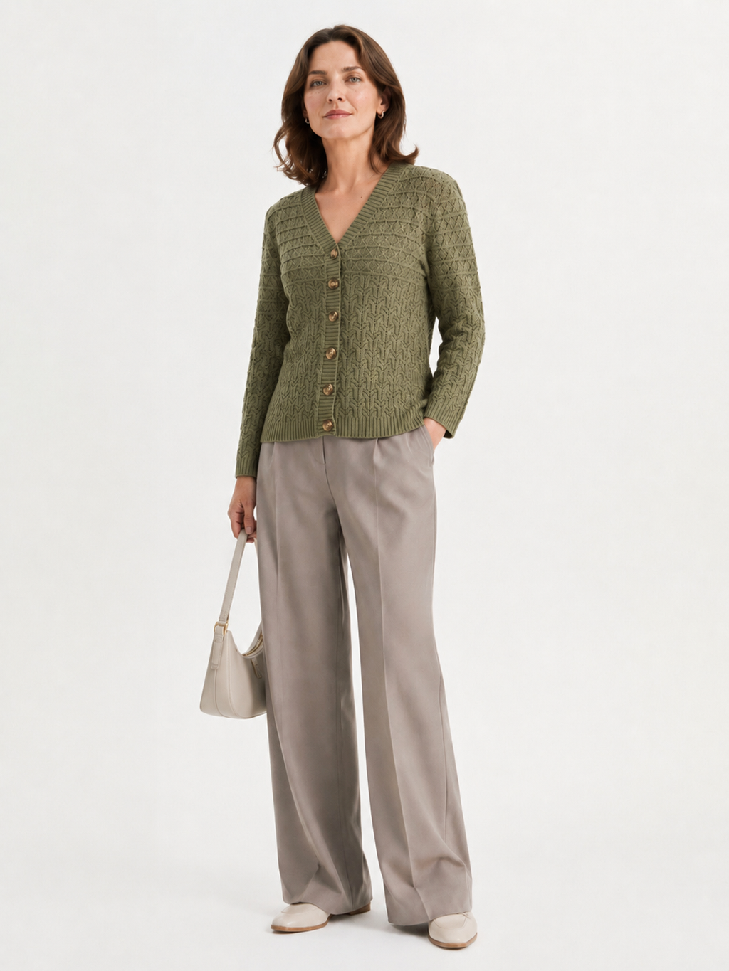 MY015 green openwork three-quarter sleeve cardigan full-body model view