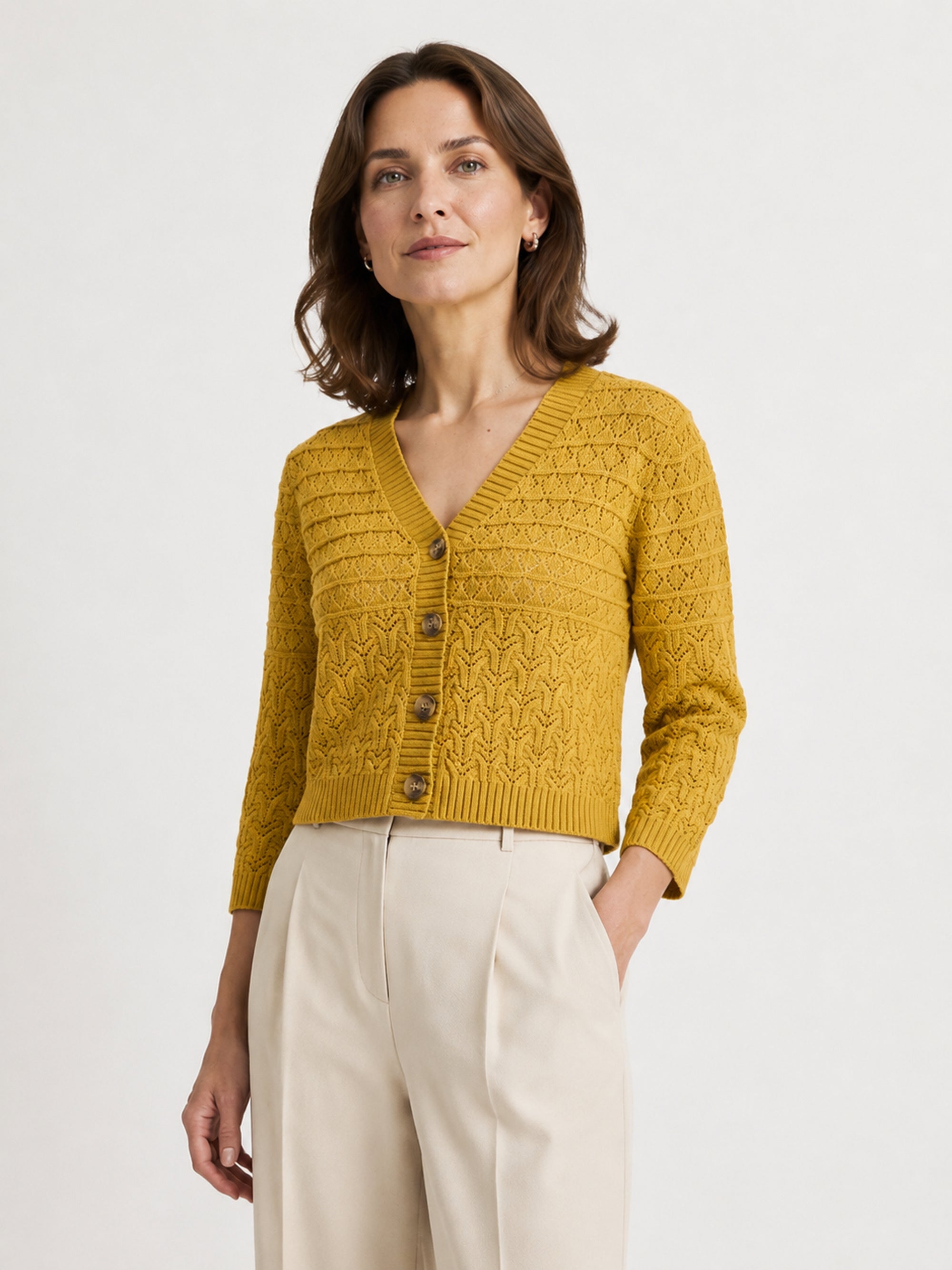 MY015 yellow openwork three-quarter sleeve cardigan front model view