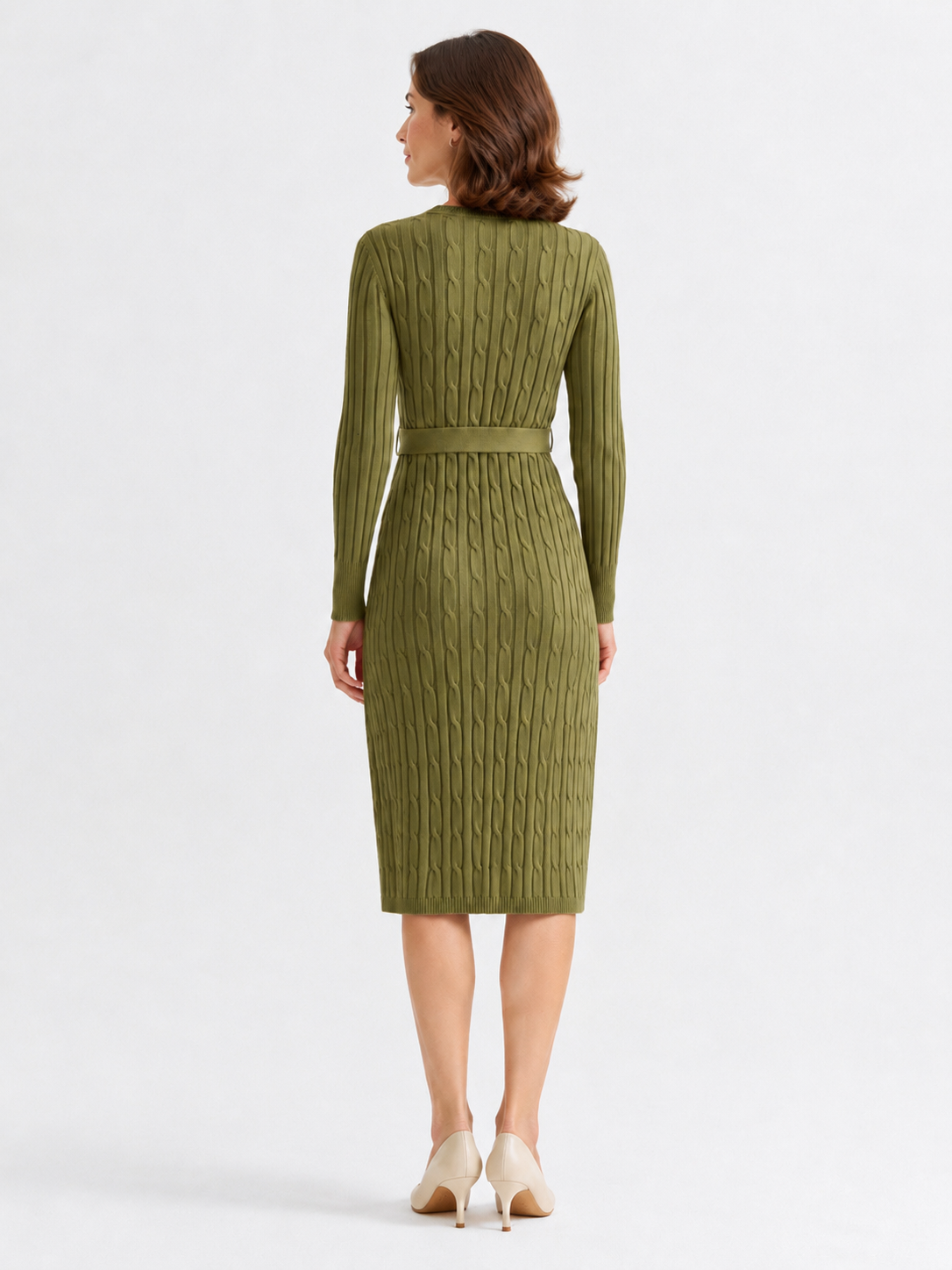 MY011 green v-neck belted knit dress back model view