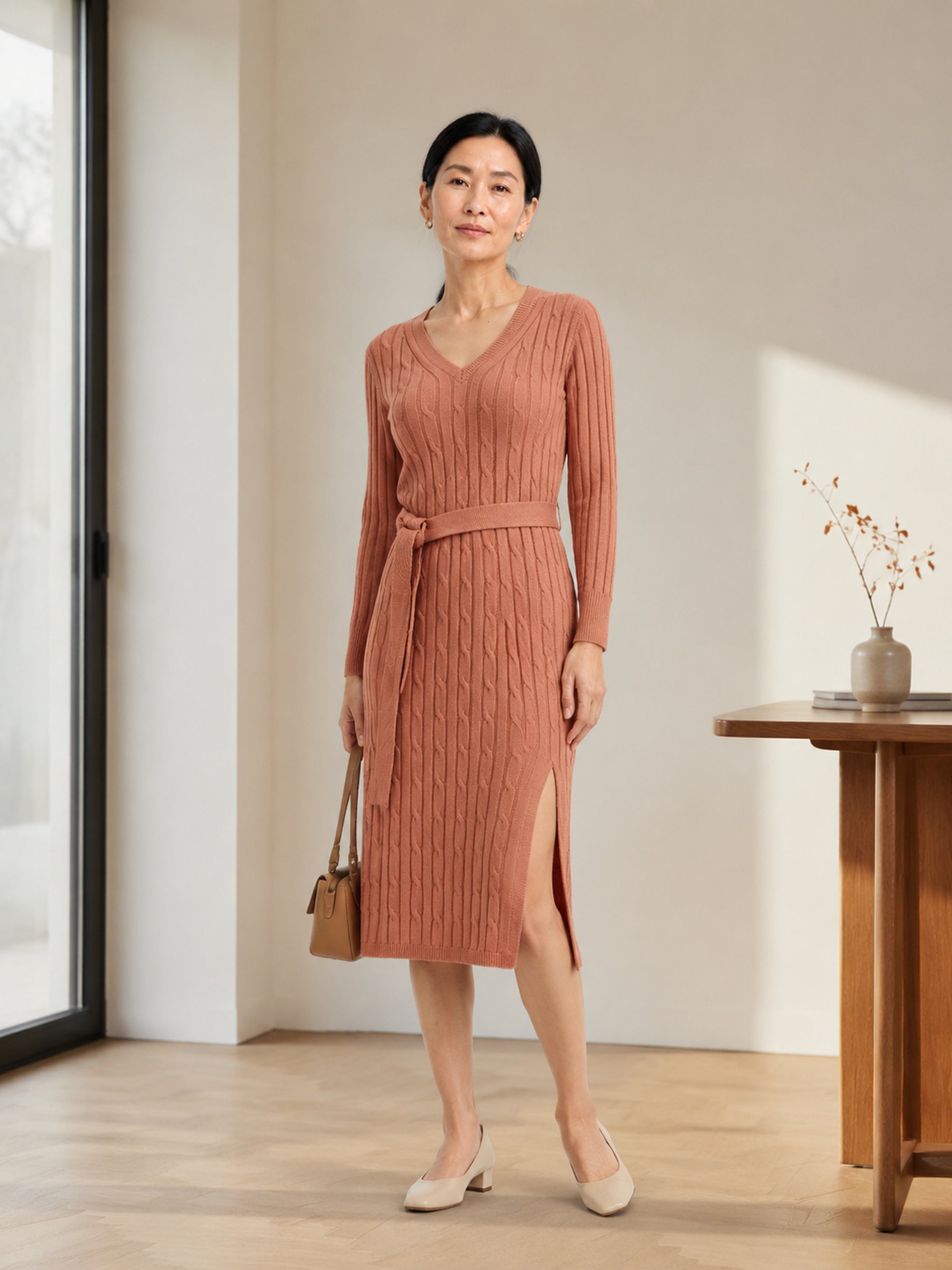 MY011 orange red v-neck belted knit dress full-body model view